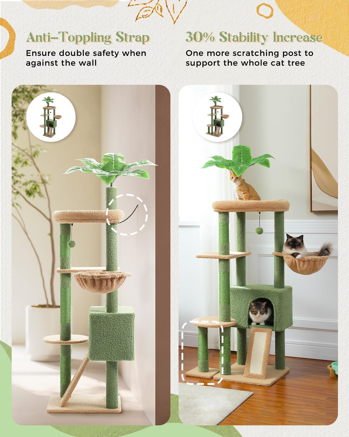 Pequlti 53'' Cat Tree For Indoor Cats, Large Condo, Sisal Scratching Posts, Hammock & Perch, Fresh Cactus Design, Sturdy, Multi-