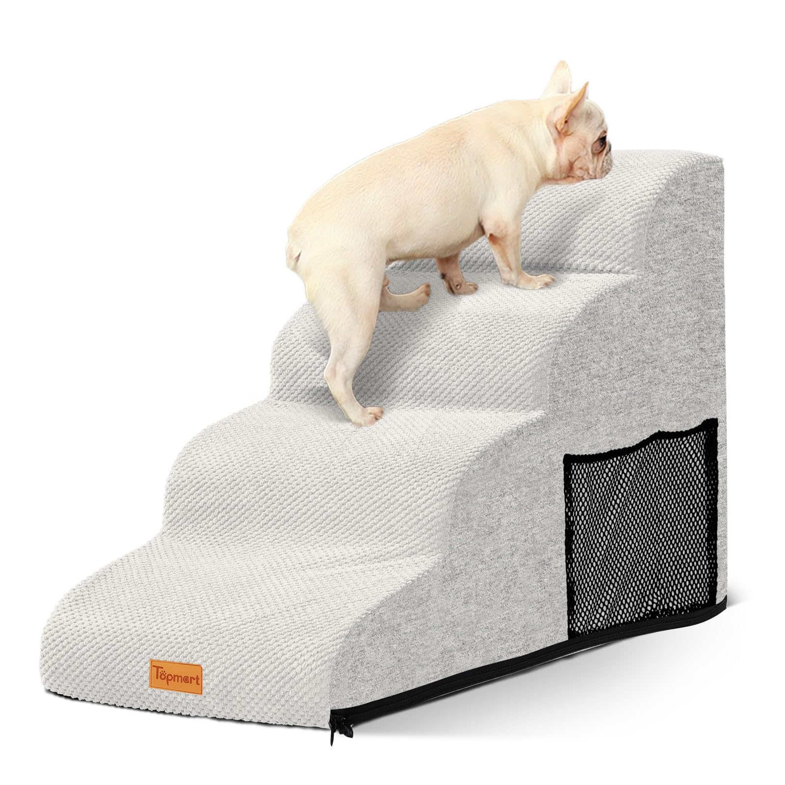 Dog Stairs For Small Dogs,4-Step,Foam Dog Steps&Ramps For Couch/High Beds With Waterproof &Removable Cover, Non-Slip, White