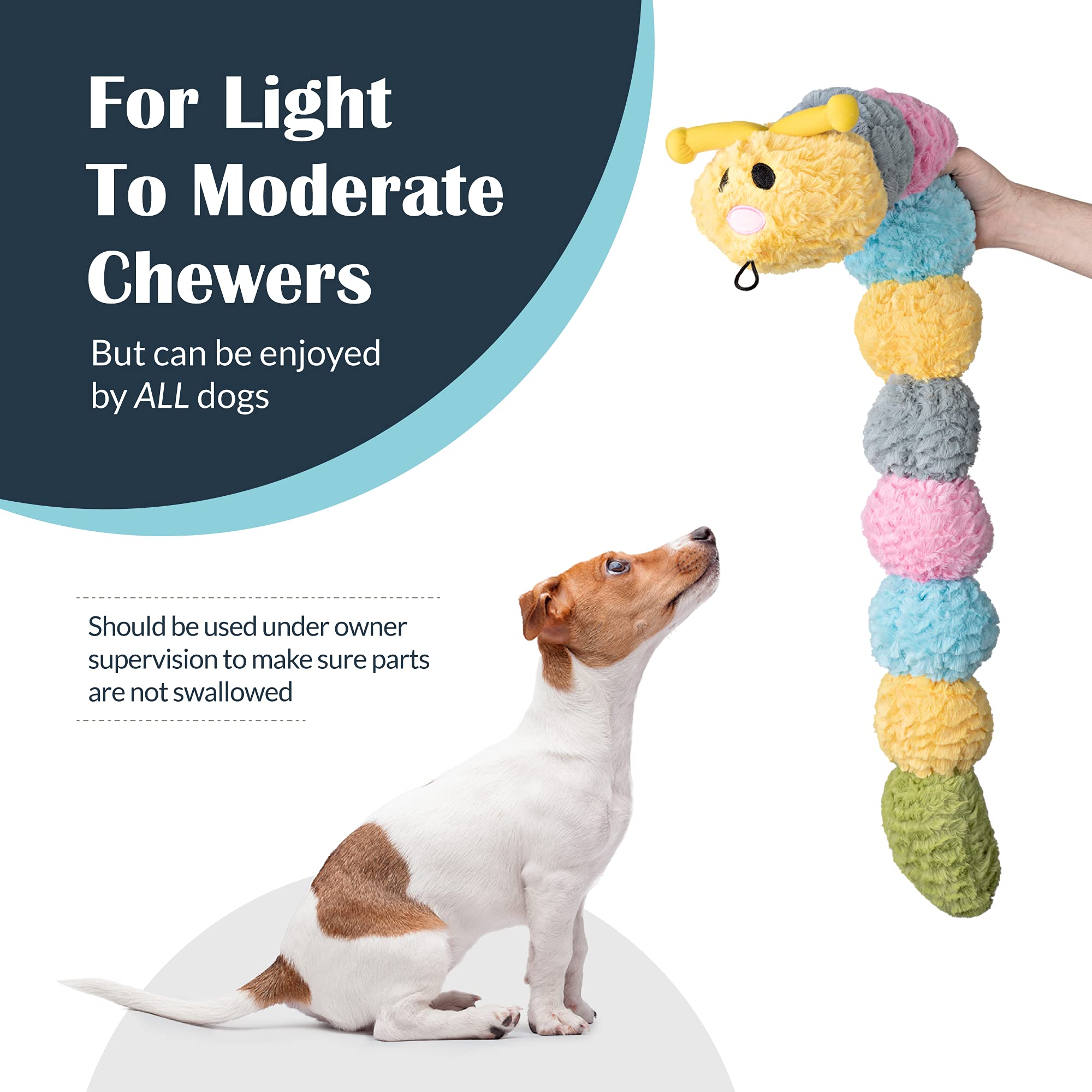 Flourish Pets Tough Durable Dog Chew Toy With Squeaker And Rattle Covered With Double Stitched Soft Fabric Exterior Squeaky Indestructible Dog Toy For Aggressive Chewers - Large Catterpillar (35')