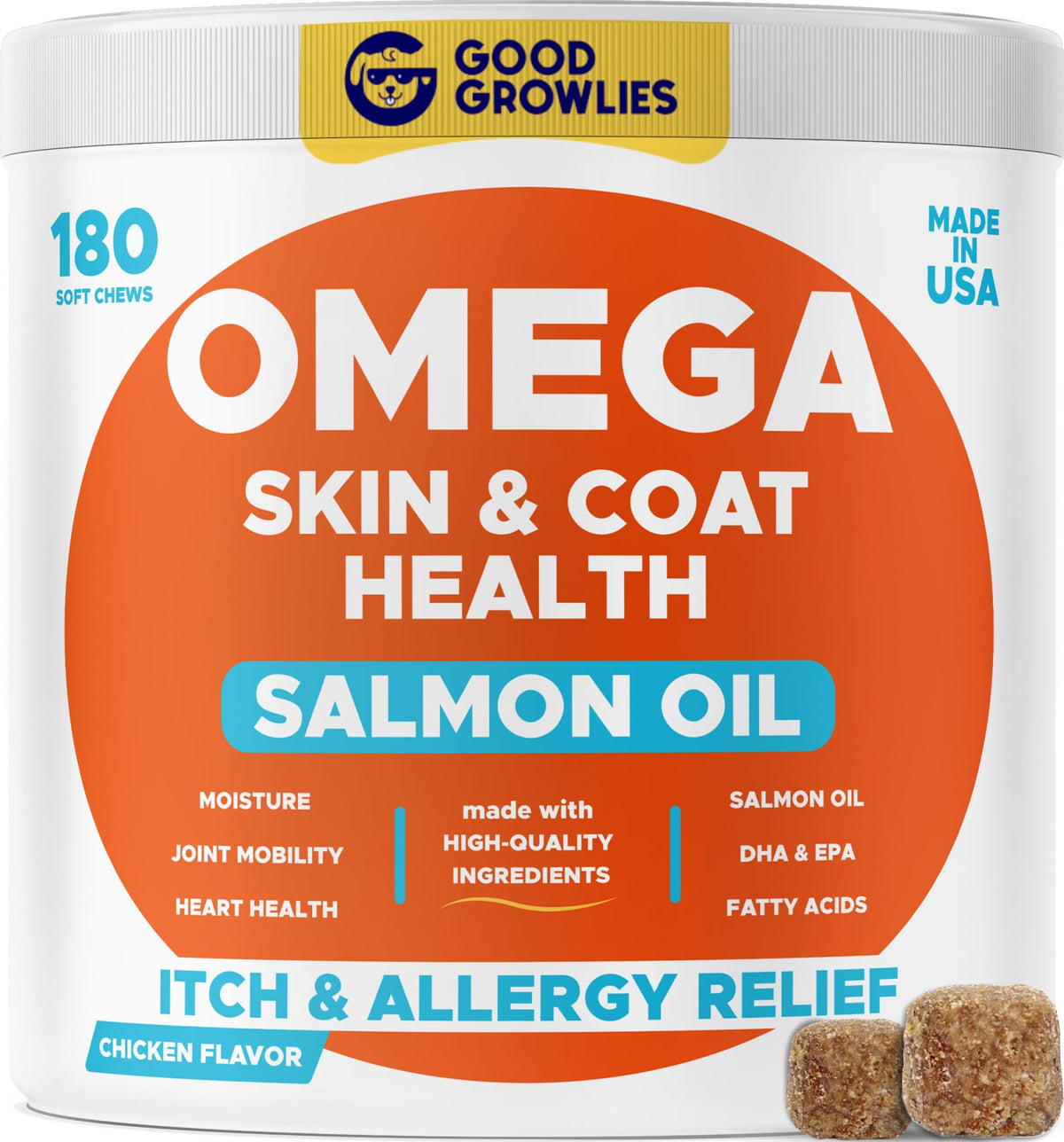 Omega 3 Fish Oil For Dogs (180 Ct) - Skin & Coat Chews - Dry & Itchy Skin Relief + Allergy Support - Shiny Coats - Epa&Dha Fatty Acids - Natural Salmon Oil Chews Promotes Heart, Hip & Joint Support