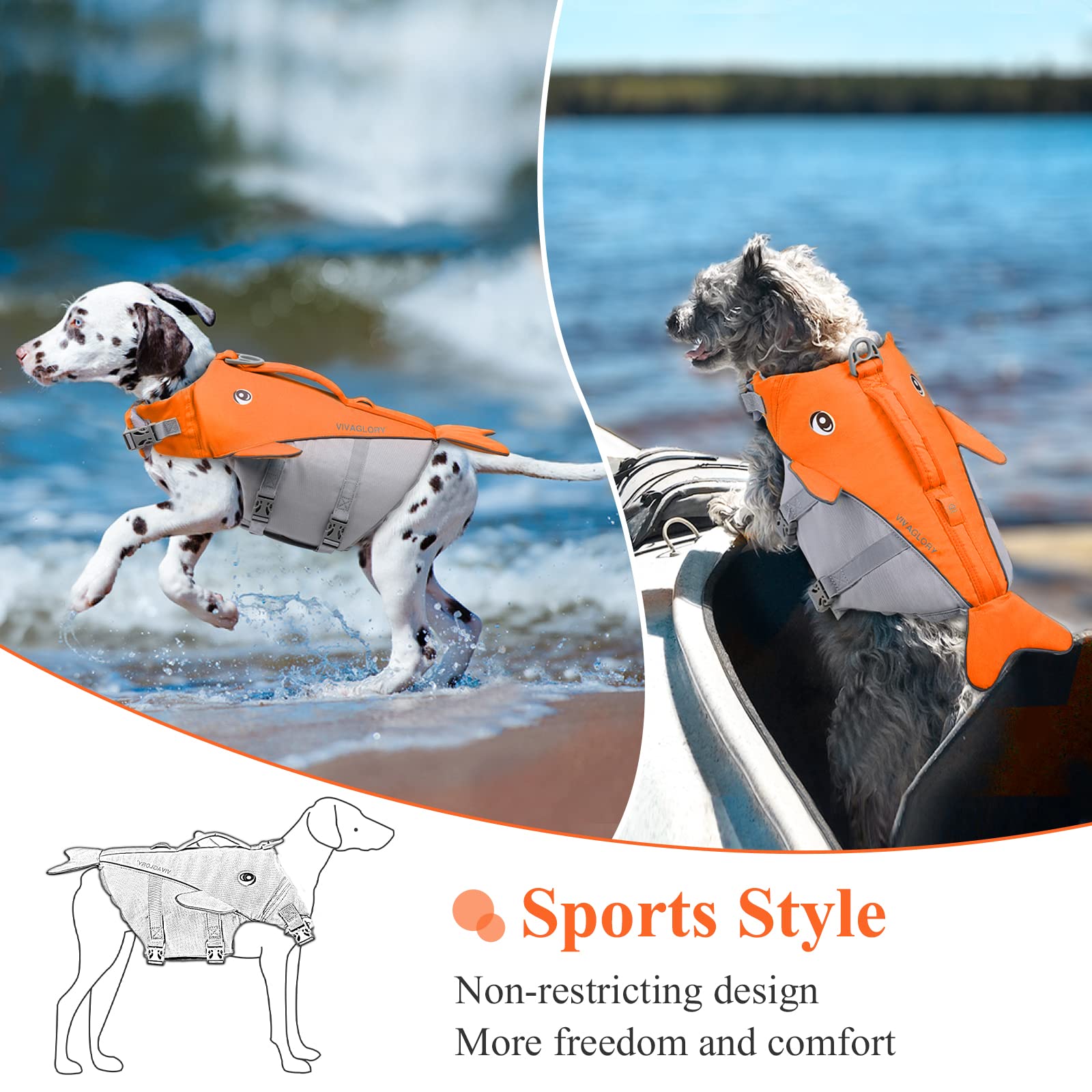 Vivaglory Dog Life Vest For Puppy Small Medium Large Dogs, Easy On & Off Sports Style Life Jackets For Dogs With Adjustable Nylon Straps, Bright Orange