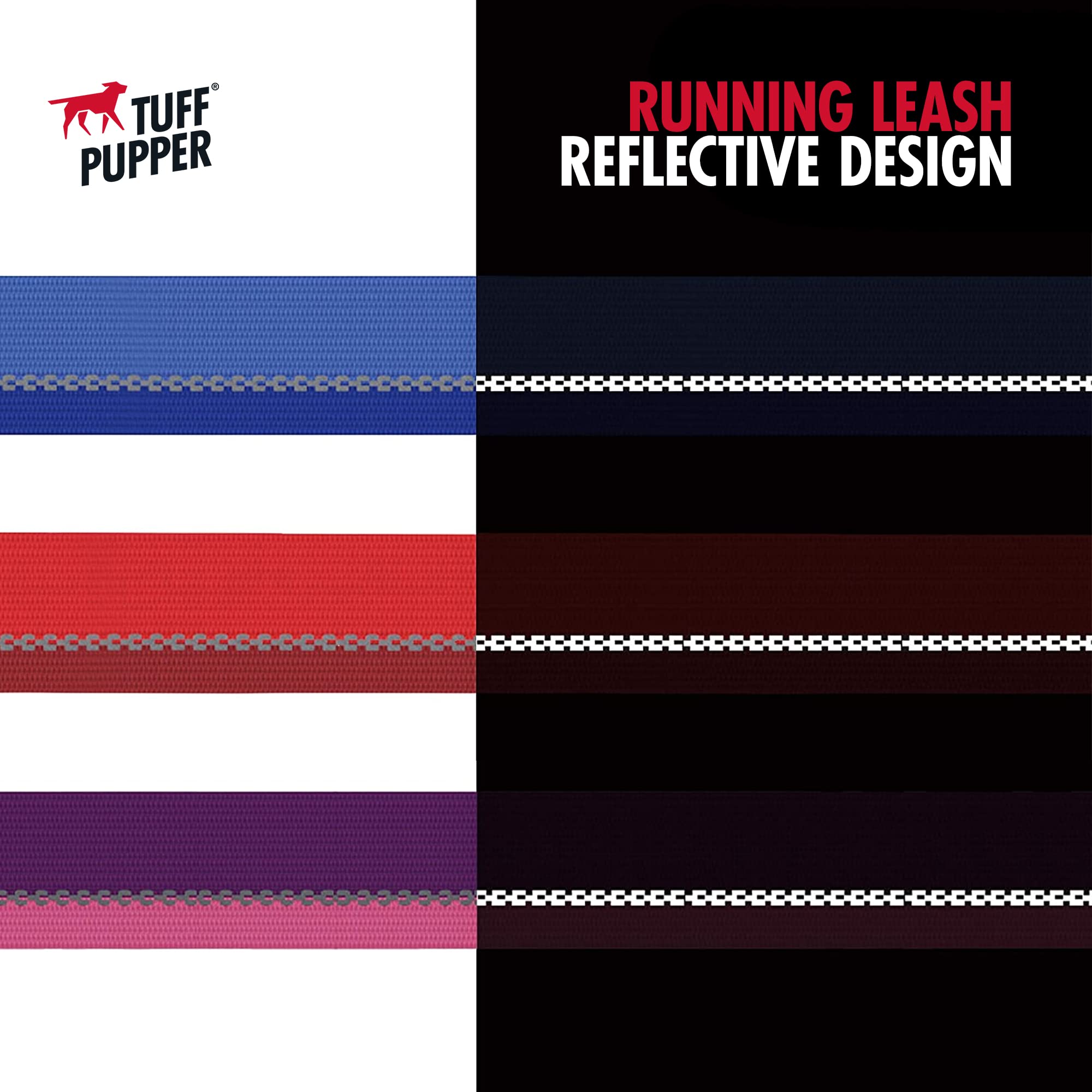 Tuff Pupper Hands Free Adjustable Length Dog Leash | Lightweight For Running Jogging Walking | Padded Waist Belt (24-50 Inch) | Adjusts 3 To 6 Feet Length | Strong Ballistic Nylon W/Reflective Strips