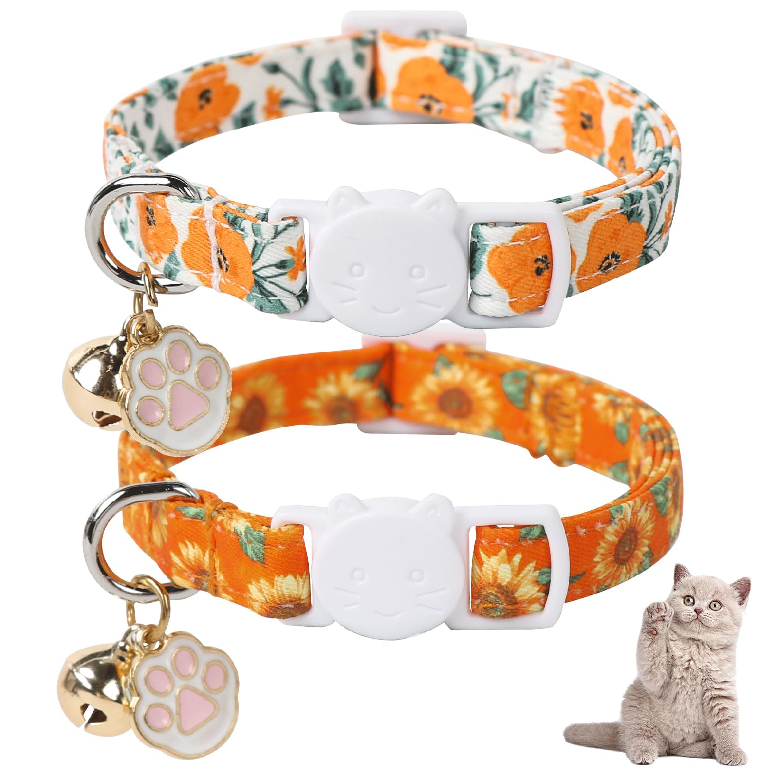 Unique Style Paws Fall Kitten Collar,2 Pack Orange Cat Collar With Sunflower Pattern,Breakaway Cat Collar With Bell,Cute Paw Pen