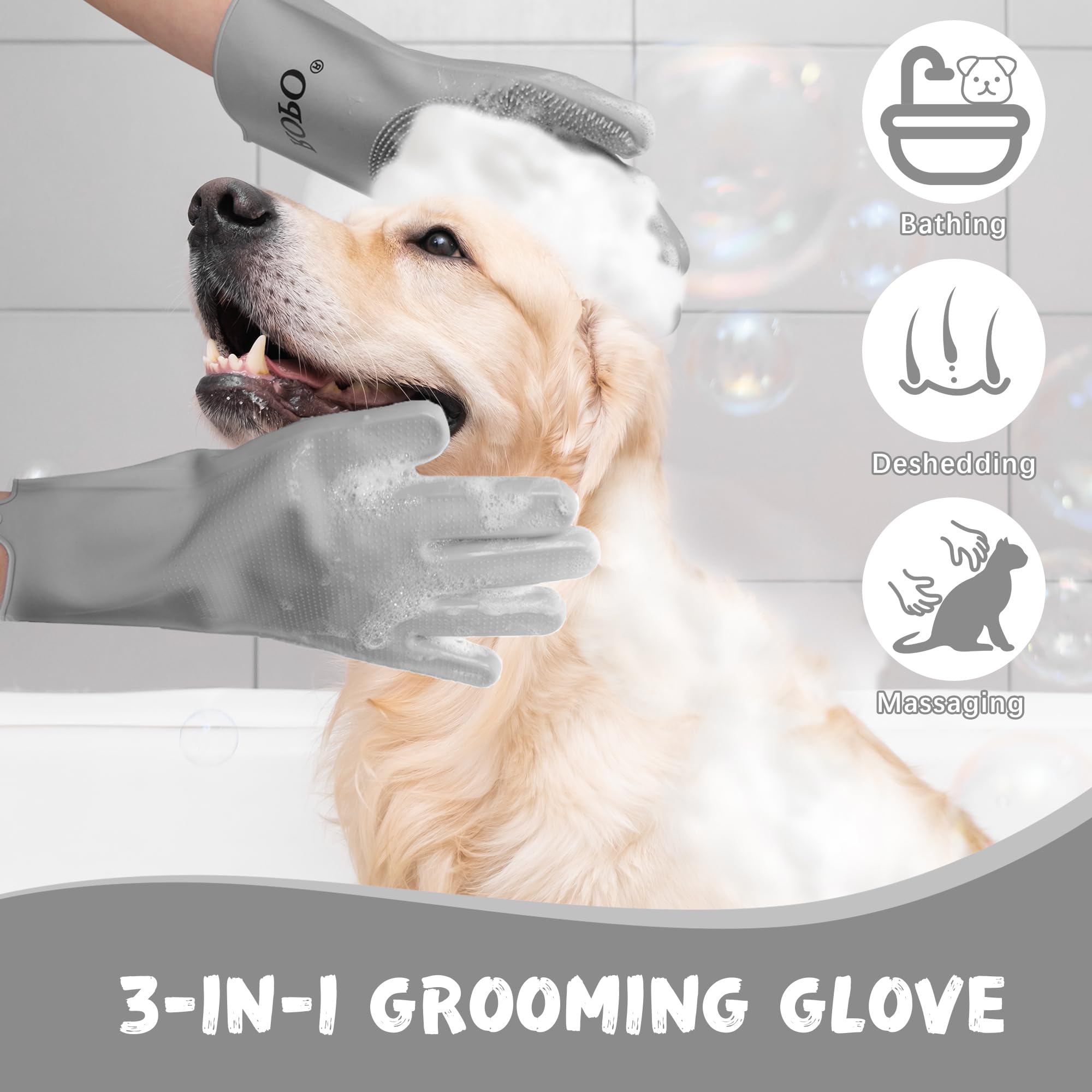 Ropo Silicone Gloves For Pet Grooming, Multi-Functional Gloves For Pet Hair Shedding, Bathing, And Massage (Grey)