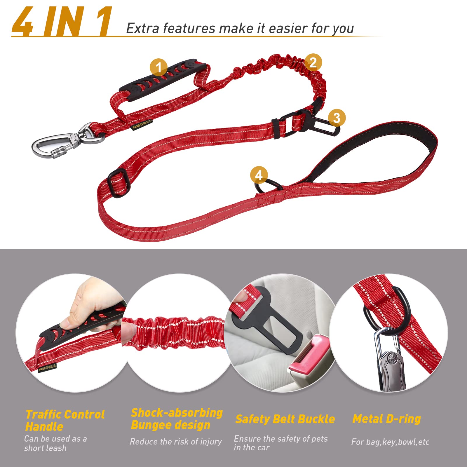 Aubell Dog Leash, Reflective Dog Leash Heavy Duty Dog Leash With Car Seat Belt And Padded Handle, Tactical Dog Leashes For Walking,Training Lead For Large Medium Dogs, 6Ft Strong Bungee Dog Leash, Red