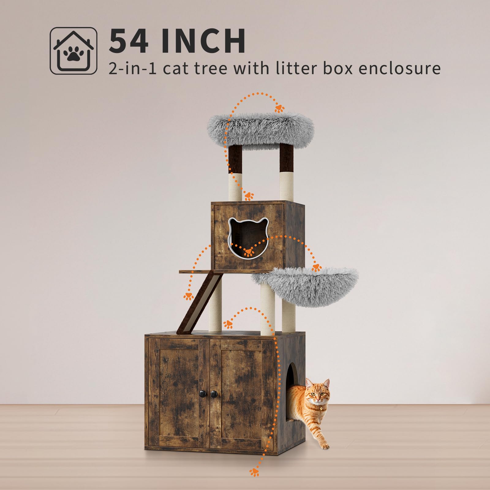 57.5-Inch Cat Tree With Litter Box Enclosure 2-In-1 Modern Large Cat Tower For Indoor Cats With Condo/Hammock/Scratching Post/Pl