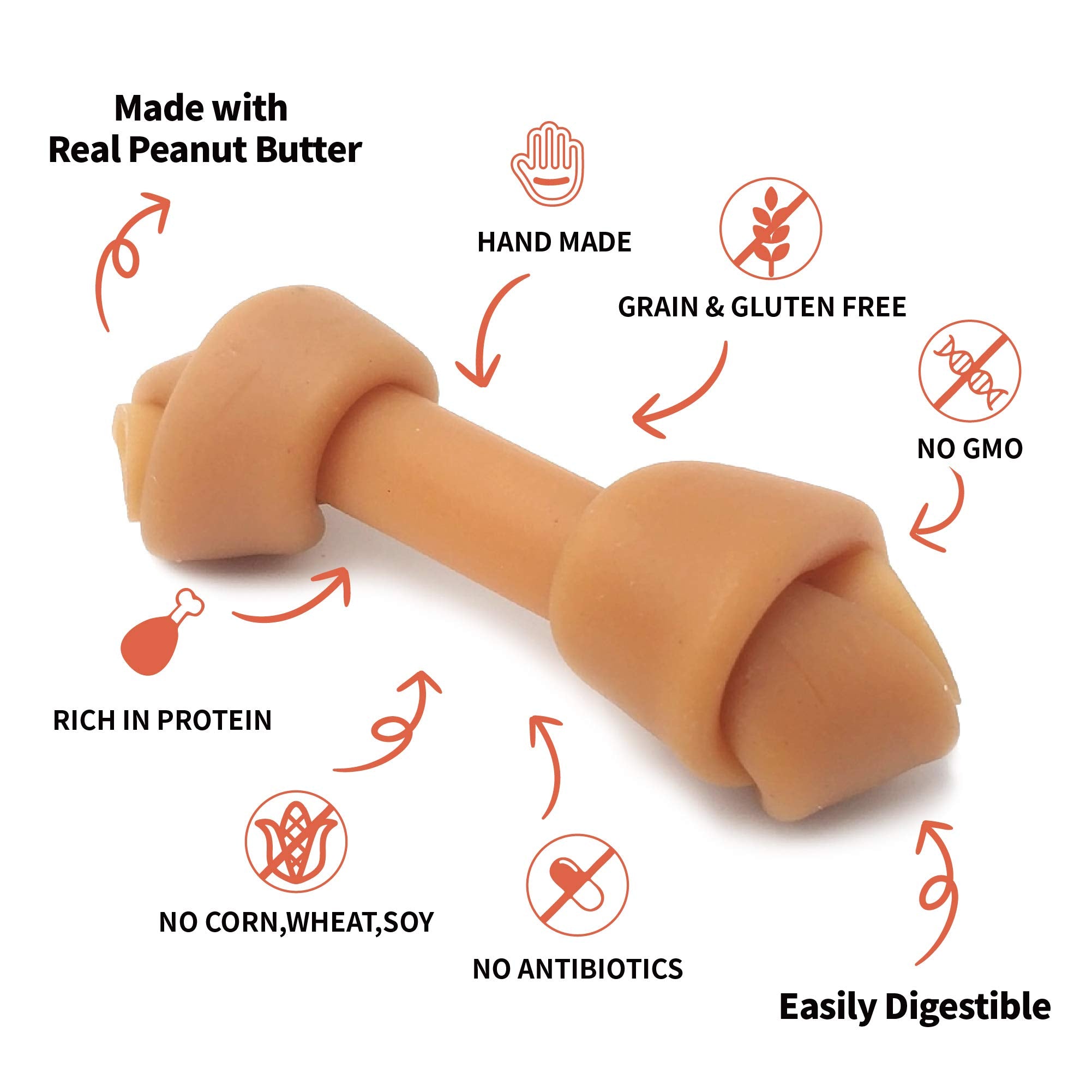 LuvChew Peanut Butter Dog Chew Bones, Rawhide & Gluten Free, Mini 18pcs, Highly Digestible, Brown