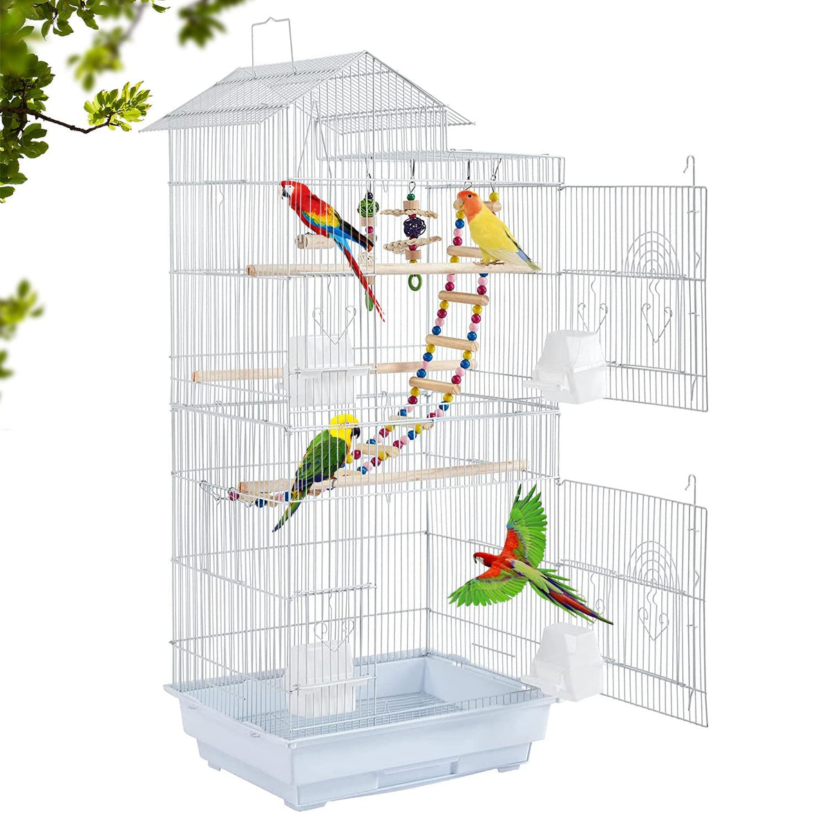 Bestpet 39 Inch Roof Top Large Flight Parrot Bird Cage Accessories Medium Roof Top Large Flight Cage Parakeet Cage For Small Cockatiel Canary Parakeet Sun Parakeet Pet Toy (White)