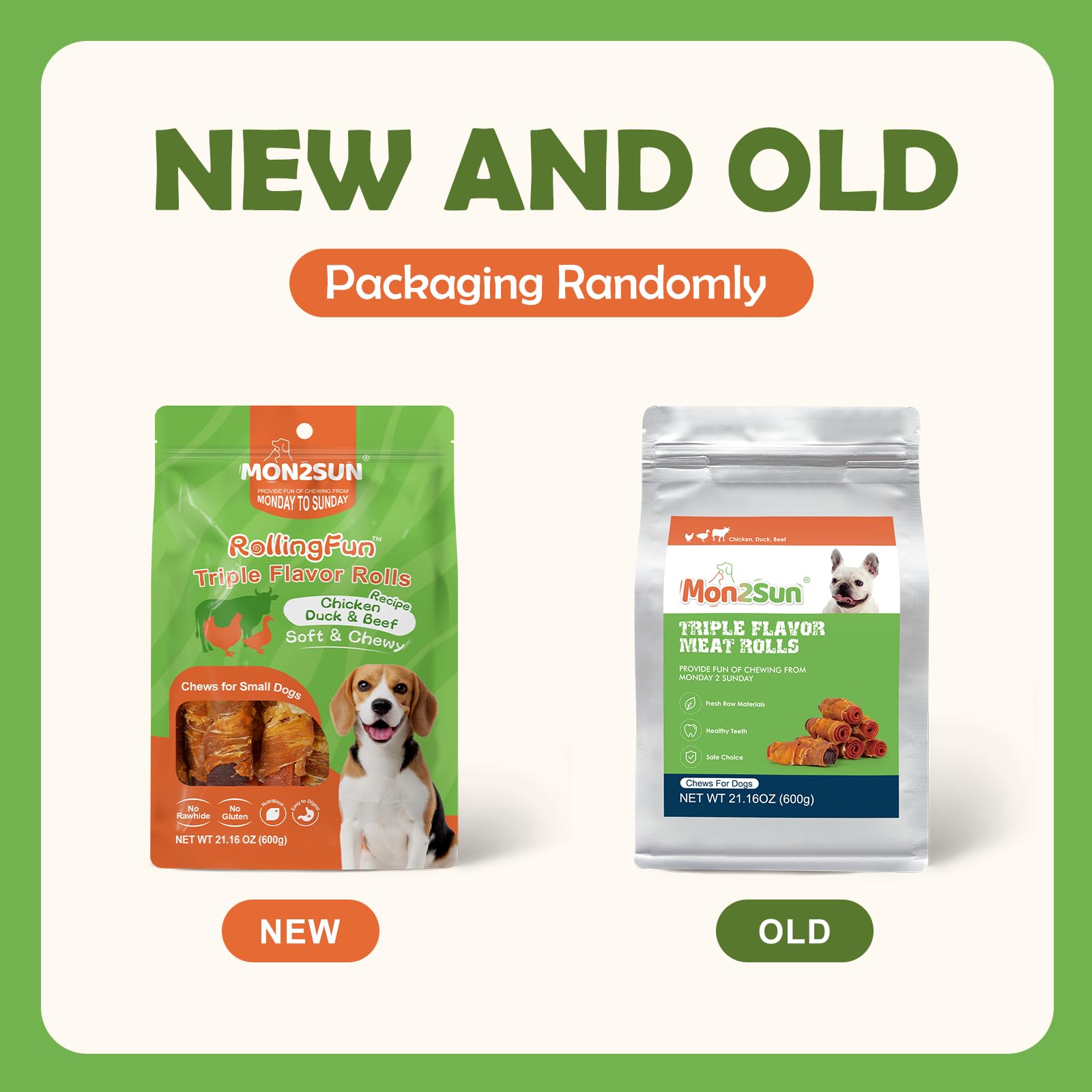 MON2SUN Rawhide Free Dog Treats, 3 Inch Triple Flavor Chicken Wrapped Duck and Beef Rolls for Small Dogs, Healthy Snacks, 21.16o