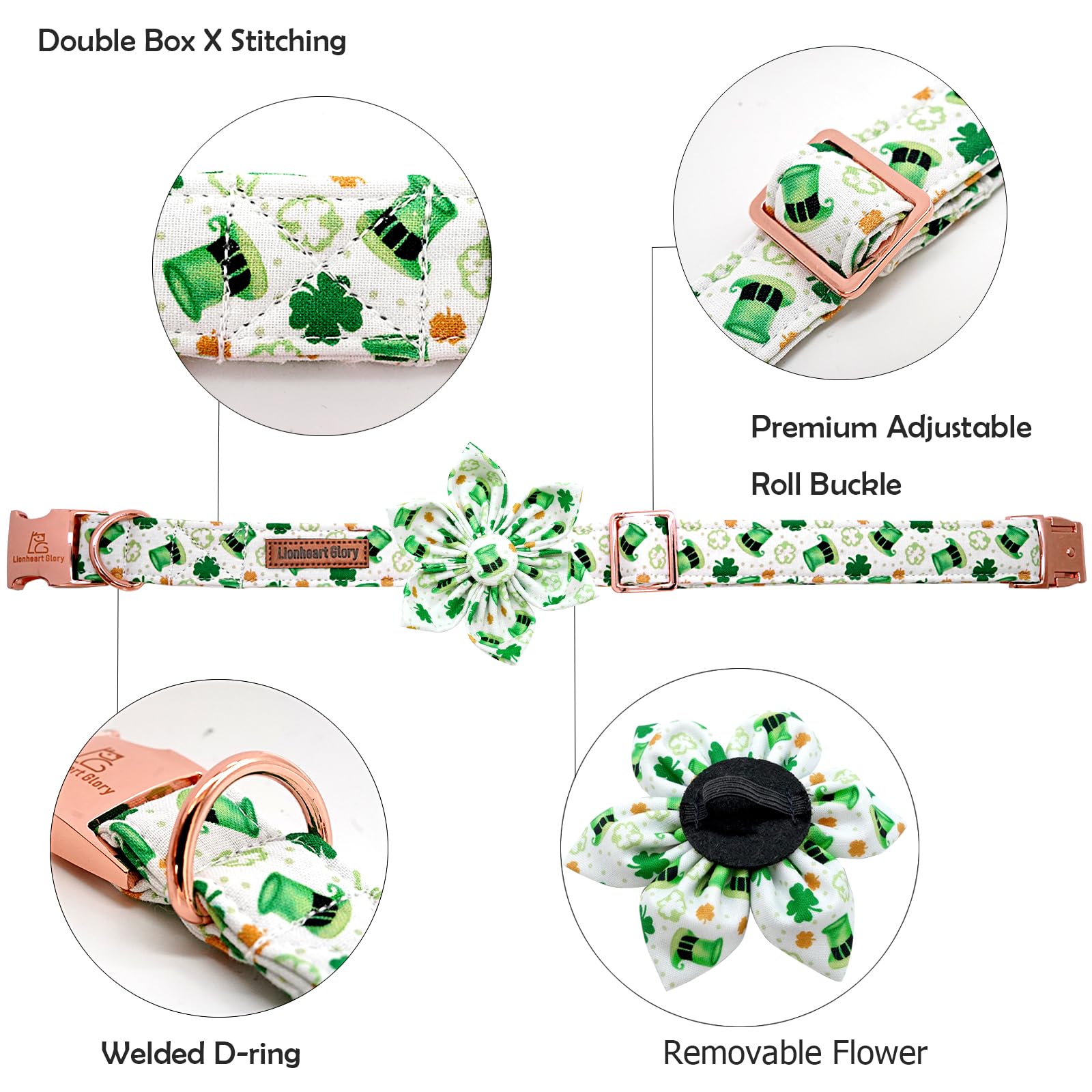 Lionheart Glory St. Patrick'S Day Collar With Flower Design For Small Dogs, Green Collar With Lucky Clover Shamrock, Heavy Duty