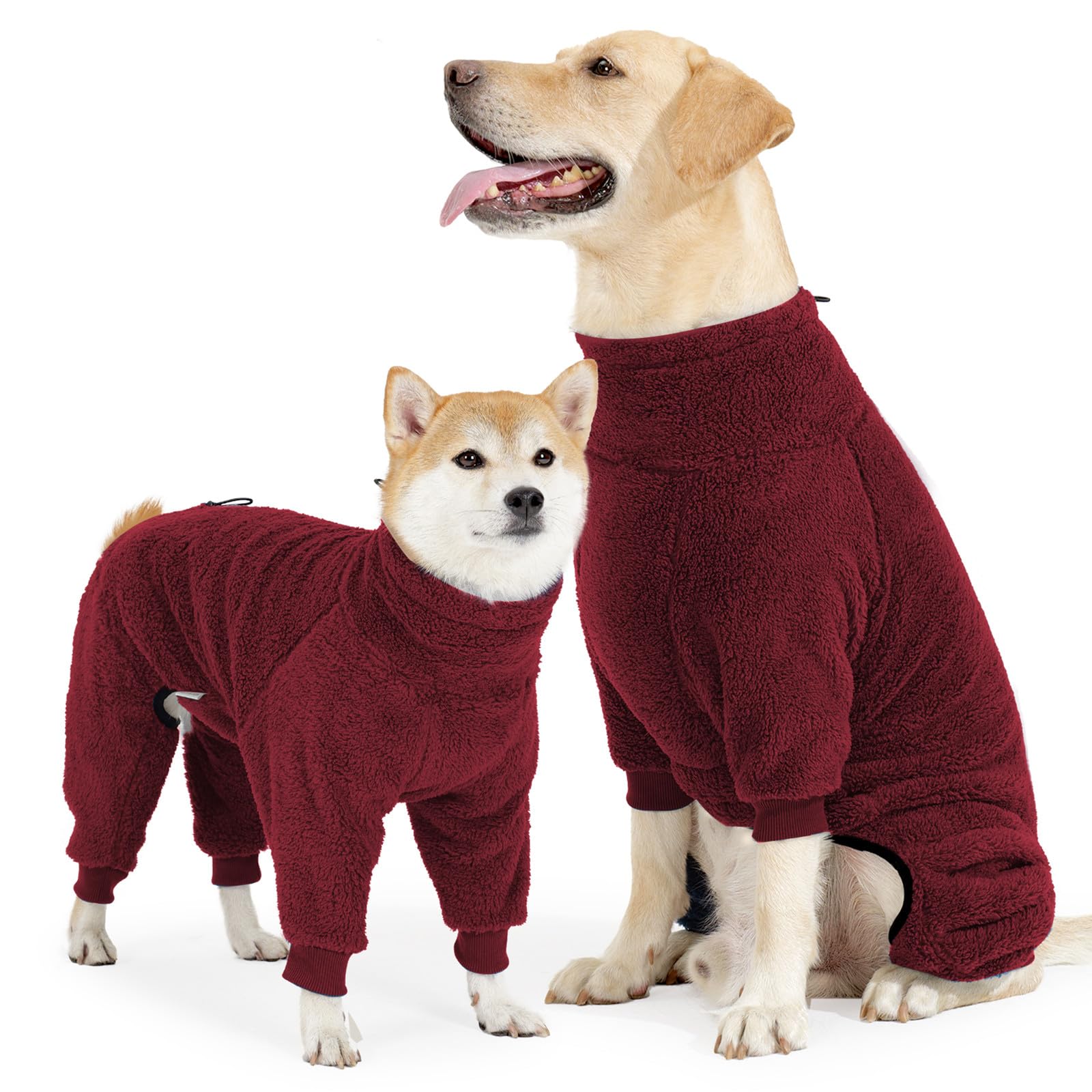 Pinellia Dog Winter Coat: Warm Fleece Pullover Jumpsuit, Windproof, Full Body Pajamas Onesie - Medium/Large (Red)