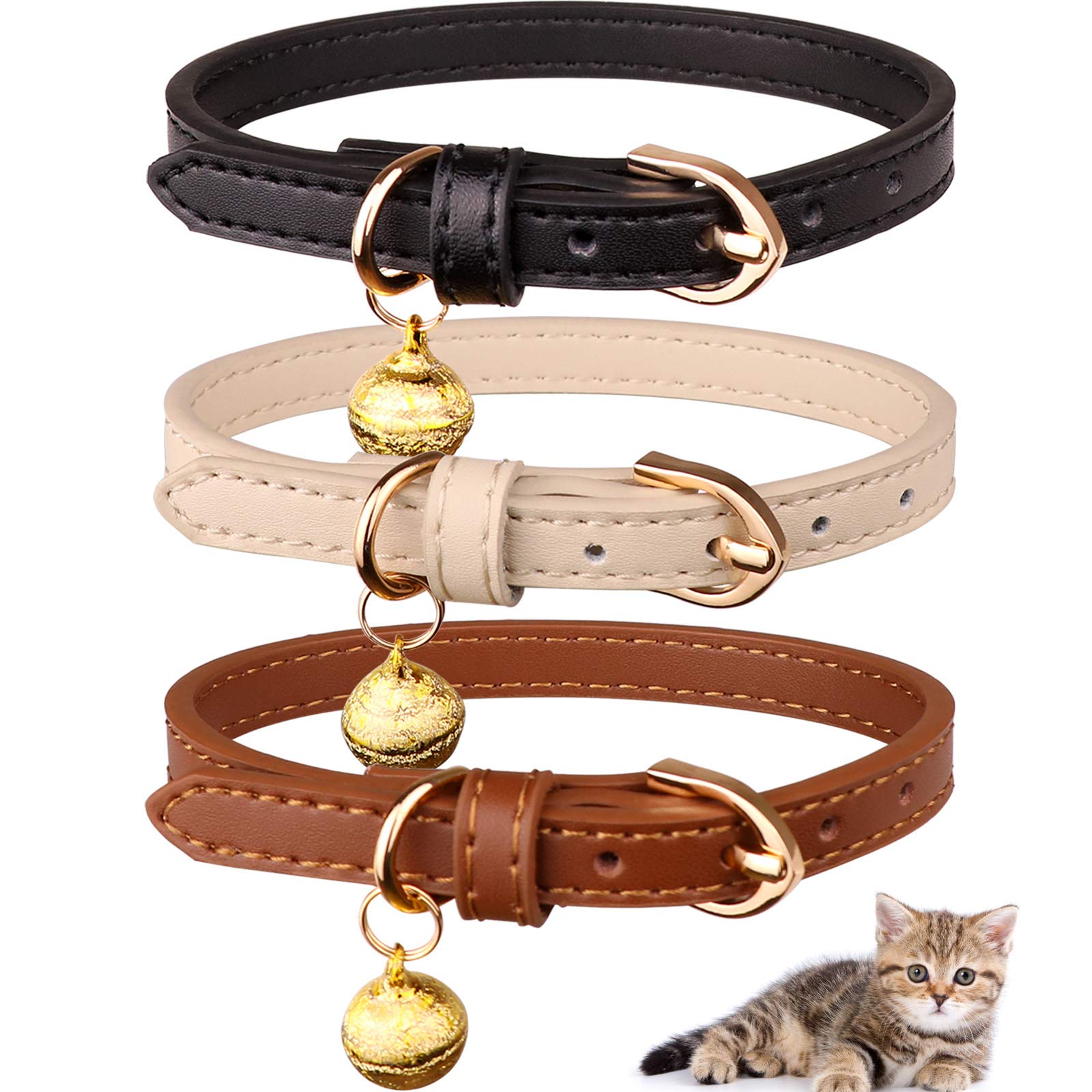 Jamktepat 3 Pack Leather Cat Collars With Bells Soft Pet Safety Collar Kitten Collars With Bell Black Chocolate Beige(S)