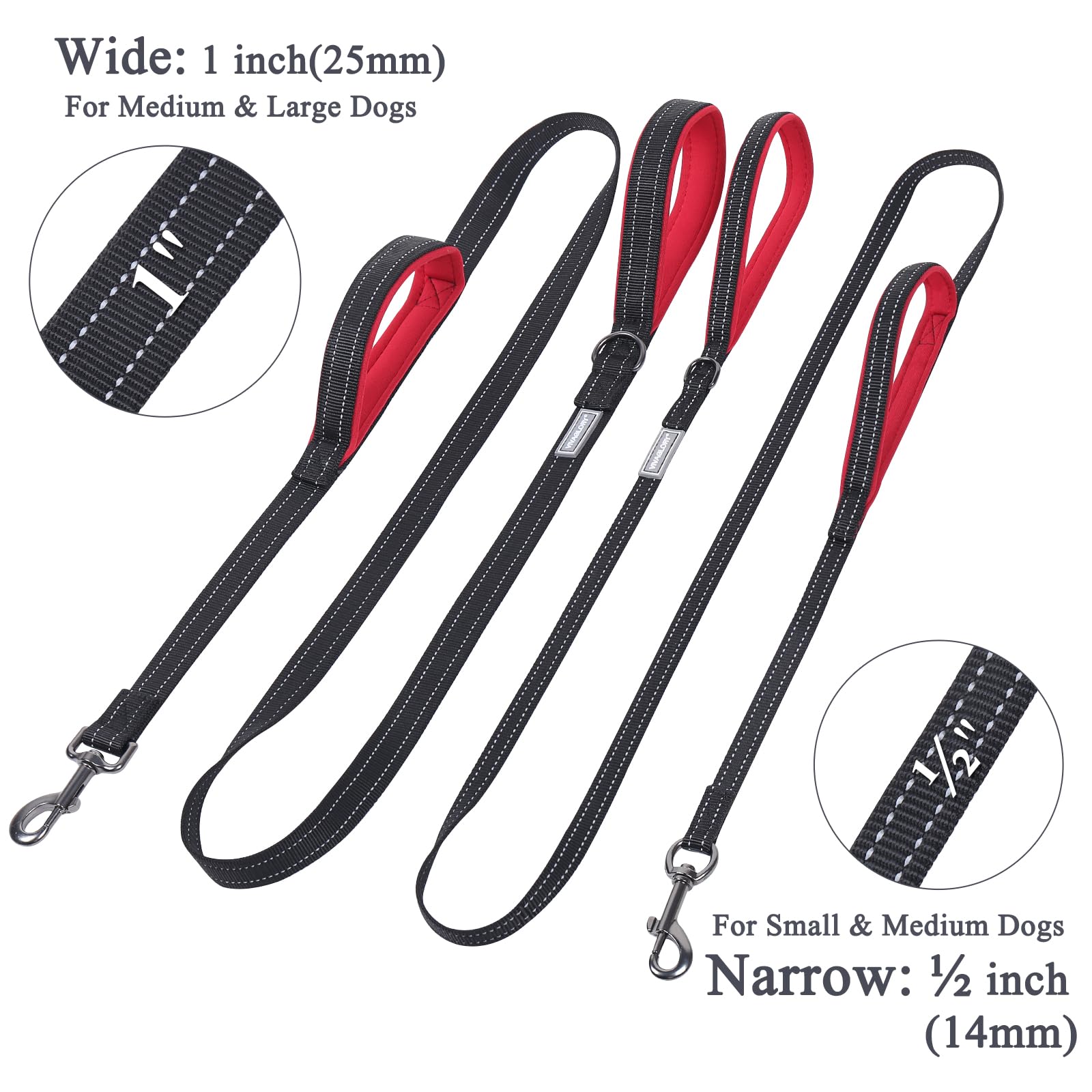 Vivaglory Traffic Handle Dog Leash, Two Padded Soft Handles Dog Leash, Strong Reflective & Metal Hook Training Pet Lead, Black