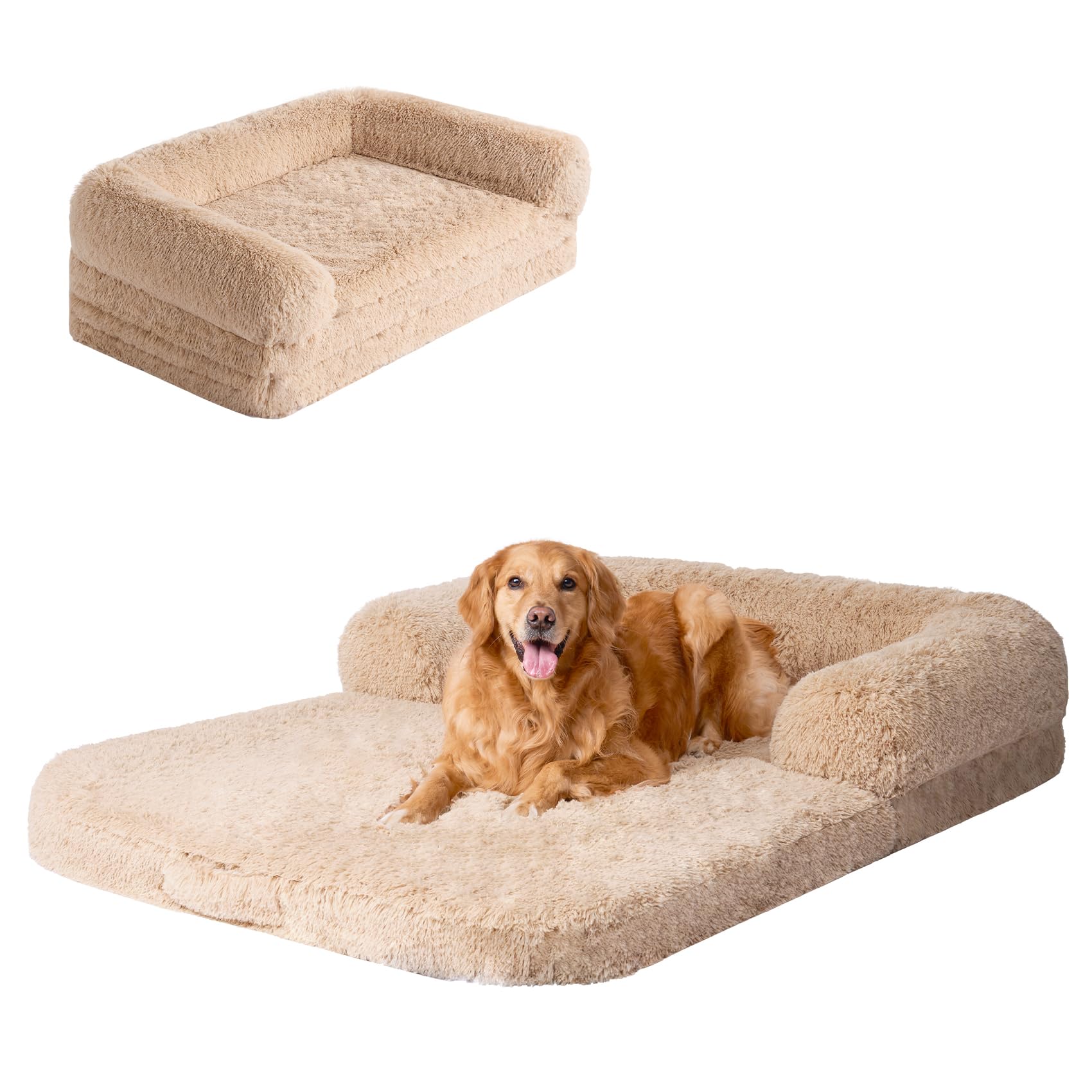 Eheyciga Foldable Xxl Dog Bed, Faux Fur Fluffy Pet Couch Bed For Extra Large Dogs, Orthopedic Calming Memory Foam Big Pet Bed, W
