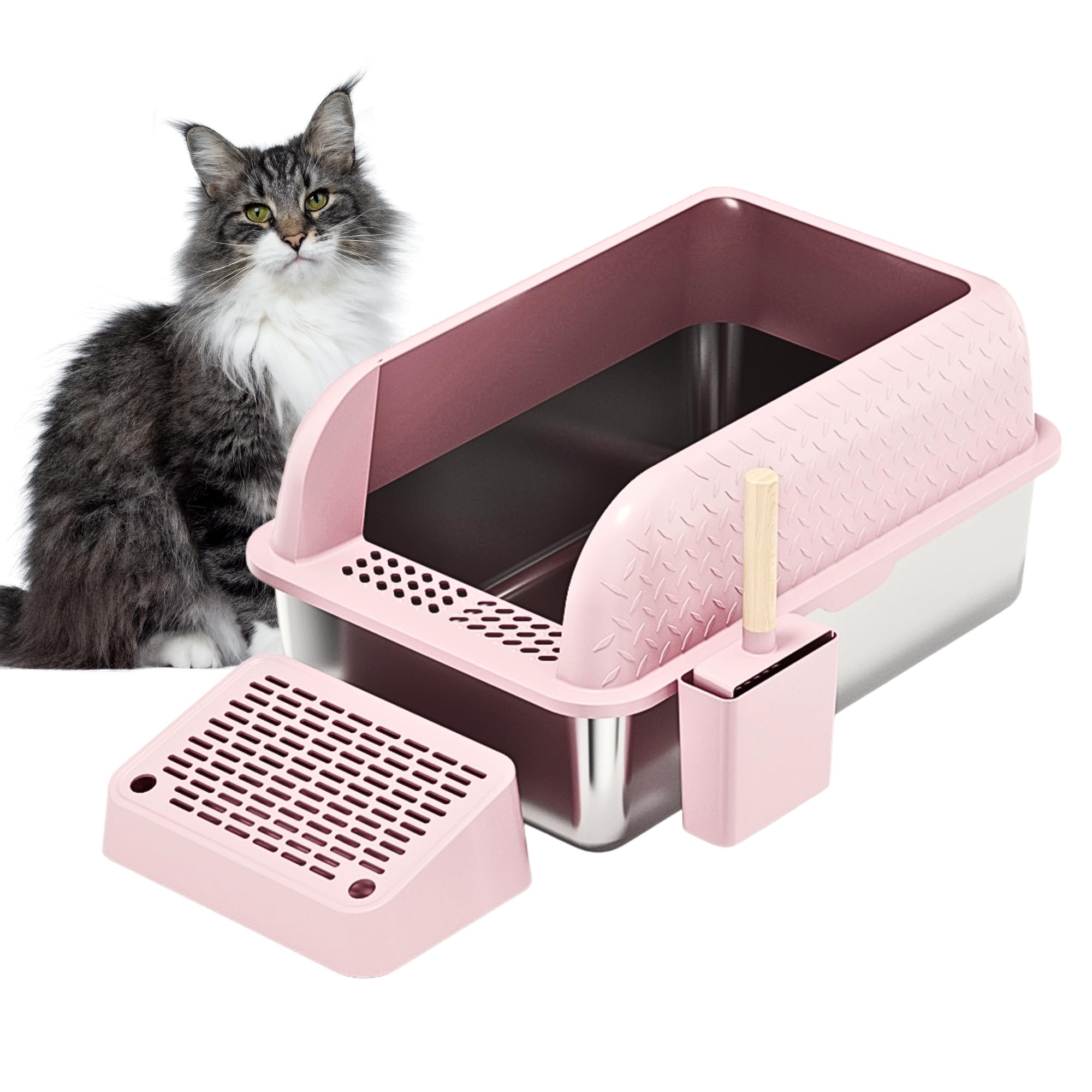 Pink Litter Box Extra Large Xl Stainless Steel. Cat Litter Box High Sided Covered Lid Enclosure Includes Litter Scoop With Holde