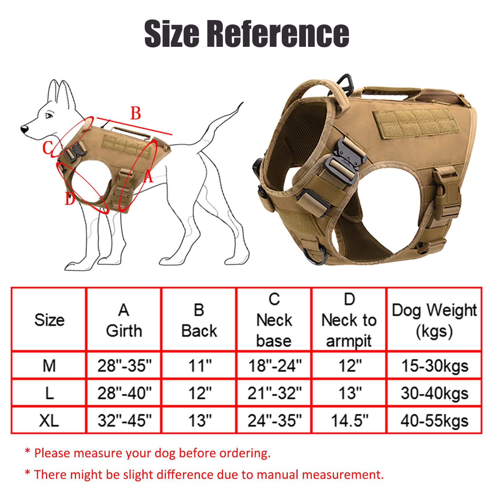 Tactical Dog Harness For Medium And Large Dogs No Pull Adjustable Dog Vest For Training Hunting Walking Military Dog Harness With Handle Service Dog Vest With Molle & Loop Panels Khaki,L(Vest Only)