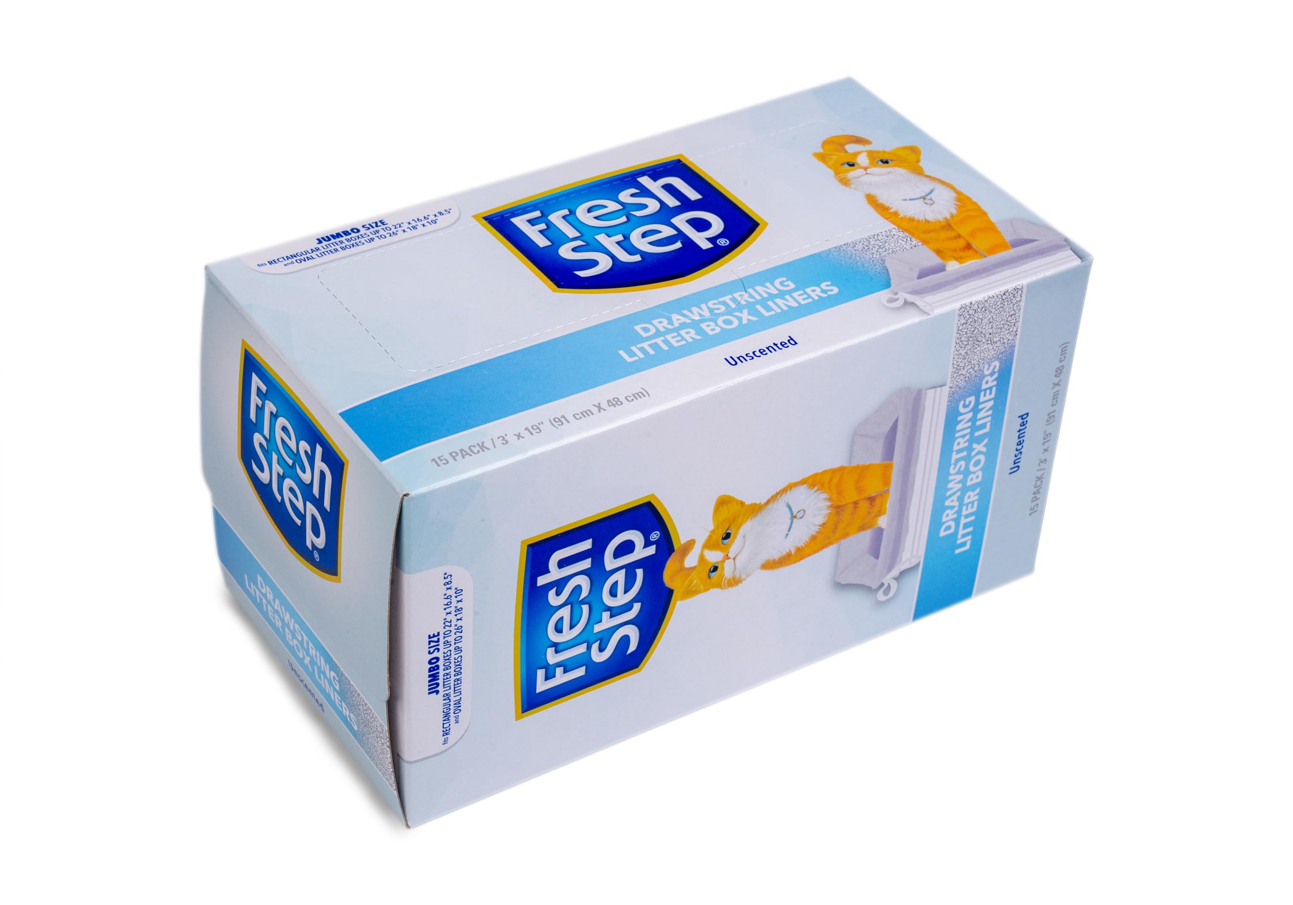 Fresh Step Drawstring Cat Litter Box Liners, Unscented, Size Jumbo, 36' X 19' | Kitty Litter Bags - 15 Count - Cat Litter Liners For Rectangle Or Oval Large Litterboxes