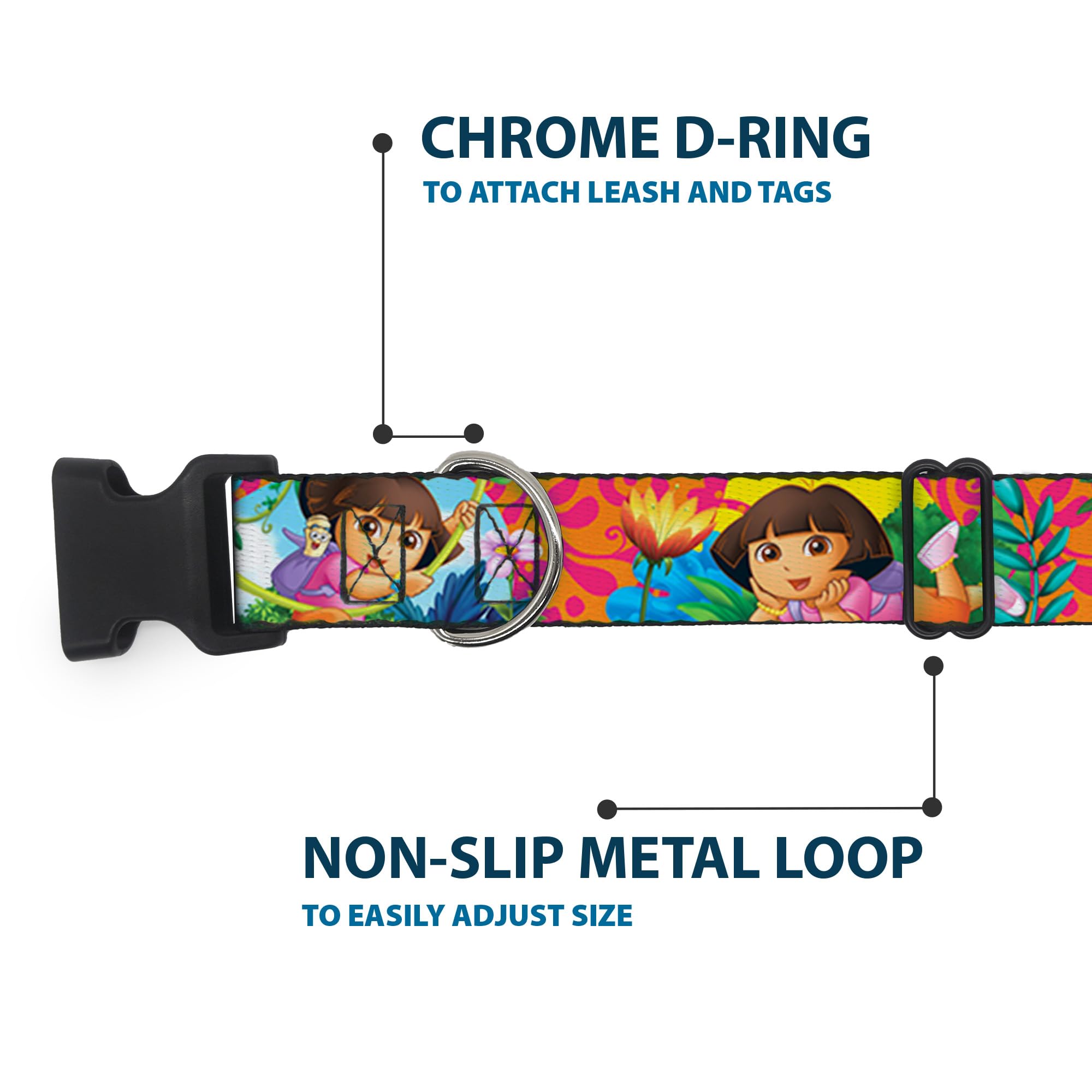 Buckle-Down Dog Collar Plastic Clip Dora The Explorer Dora Poses Floral Collage Orange Pink 15 To 26 Inches 1.0 Inch Wide, Multi