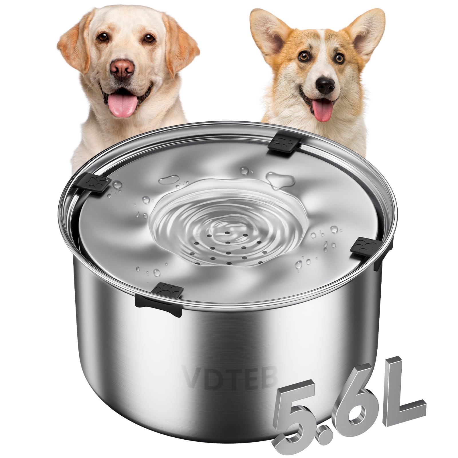 VDTEB Dog Water Bowl 1.5Gal Stainless Steel No Spill Water Bowl for Dogs, 5.6L Large Capacity Spill Proof Slow Drinking Dog Wate