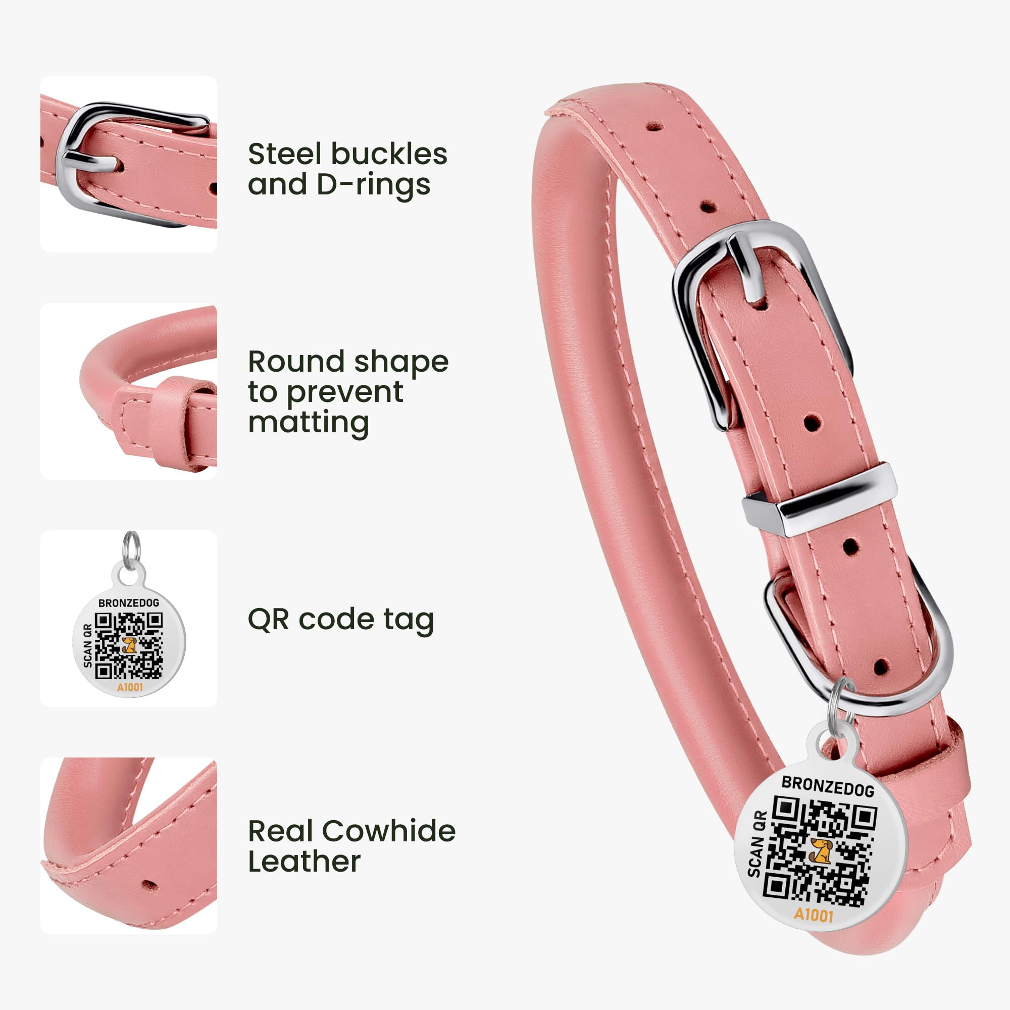 Bronzedog Rolled Leather Dog Collar For Small Medium Large Dogs With Qr Id Tag (M: 14-16 Inch, Powder Pink)