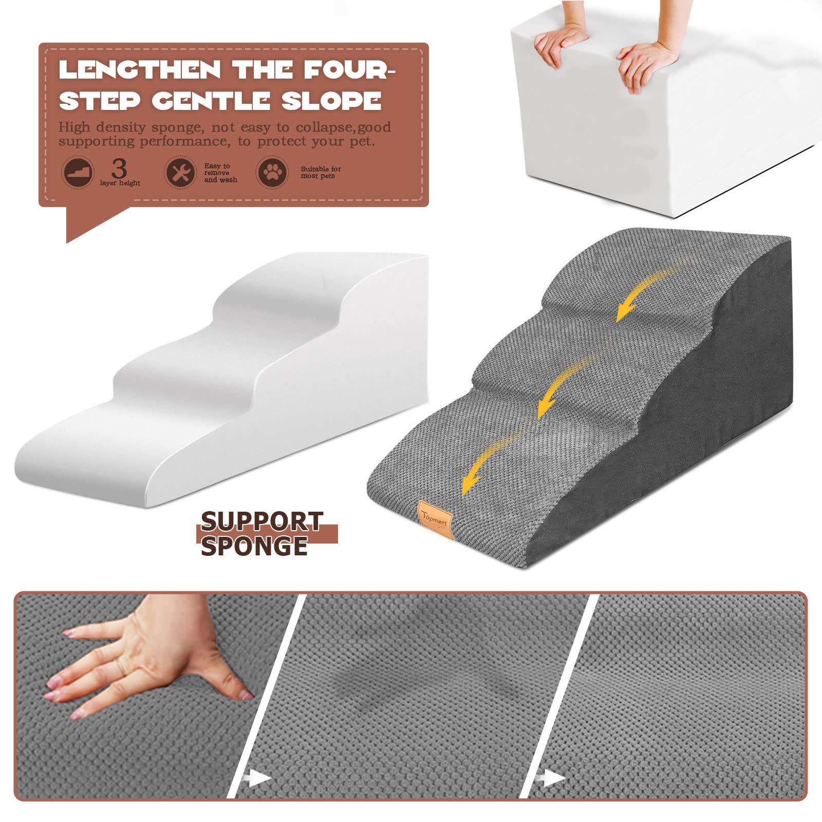 Topmart High Density Extended Foam Dog Ramp&Steps 3 Tiers,15.7'' High,Non-Slip Dog Stairs With Waterproof Cover,Soft Foam Pet La
