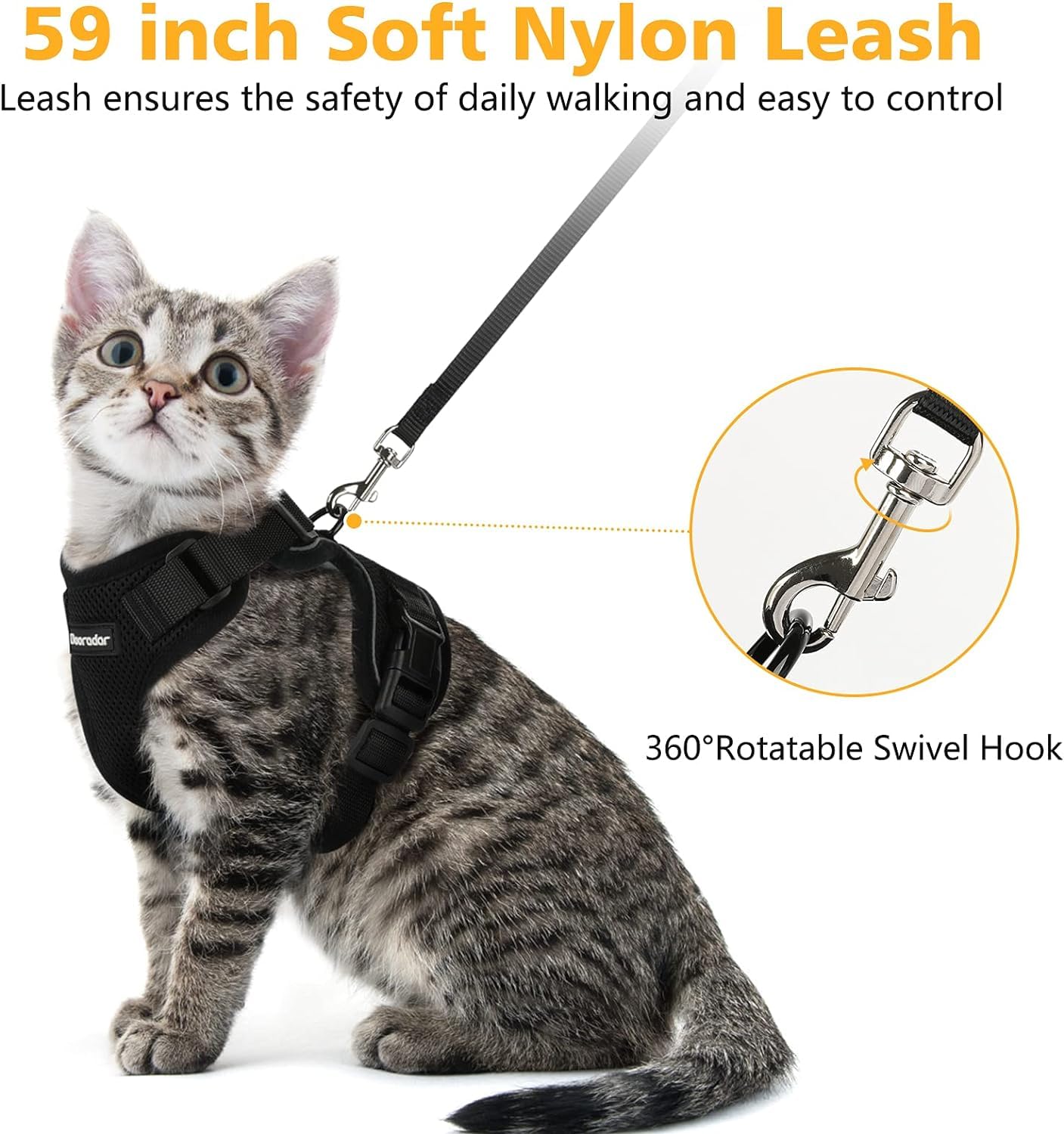Dooradar Cat Harness And Leash Set, Escape Proof Safe Adjustable Kitten Vest Harnesses For Walking, Easy Control Soft Breathable