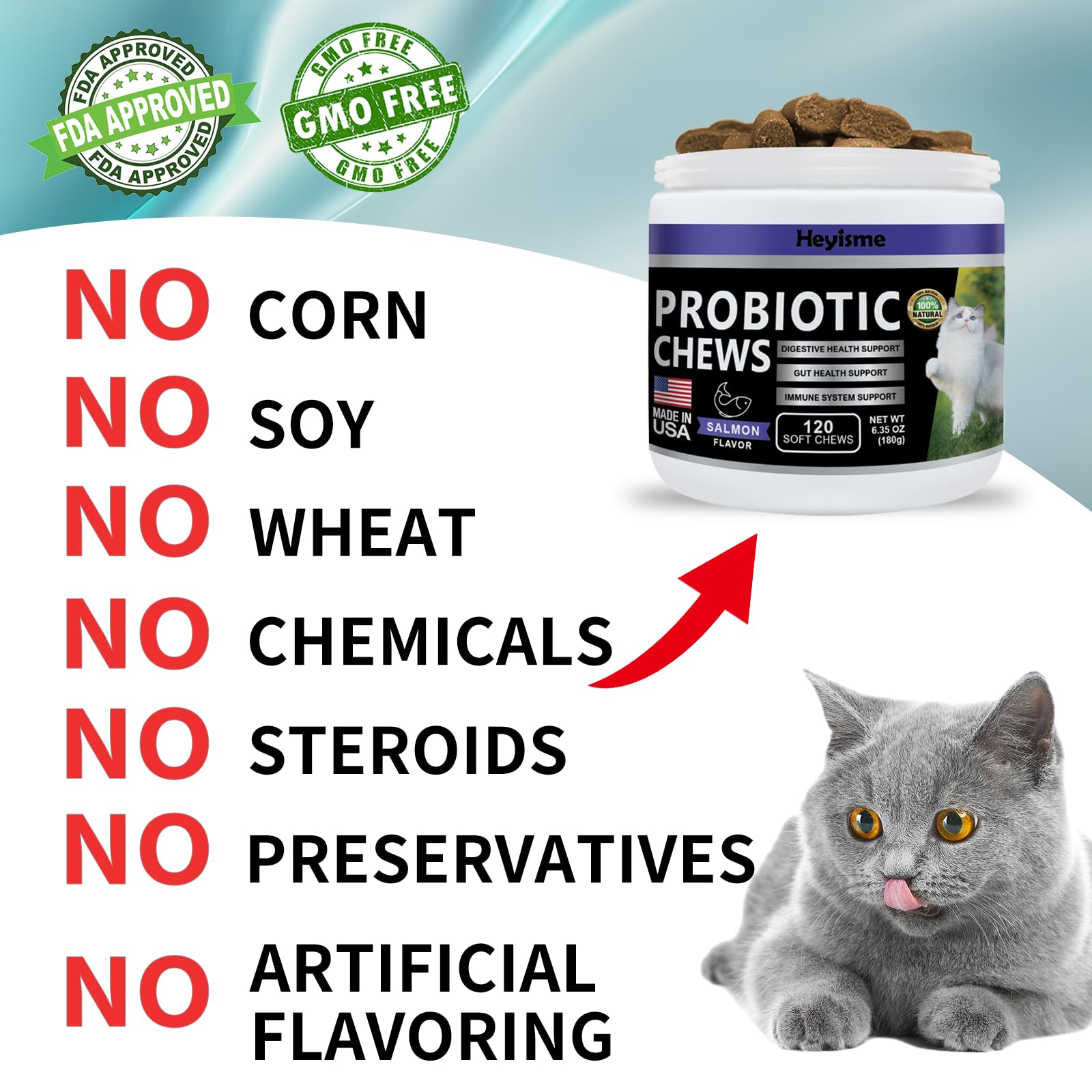 HEYISME Cat Probiotic, Chews for Gut and Immune Health, Cats Probiotic Supplement for Cat Digestive Support, Healthy Digestion,