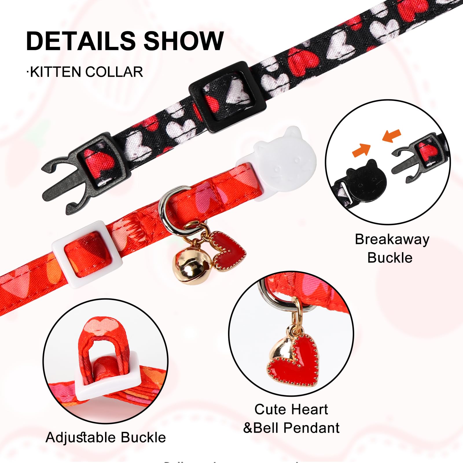Unique Style Paws Valentine'S Day Cat Collar With Bell, Breakaway Buckle, Adjustable, Ideal Gift For Cats