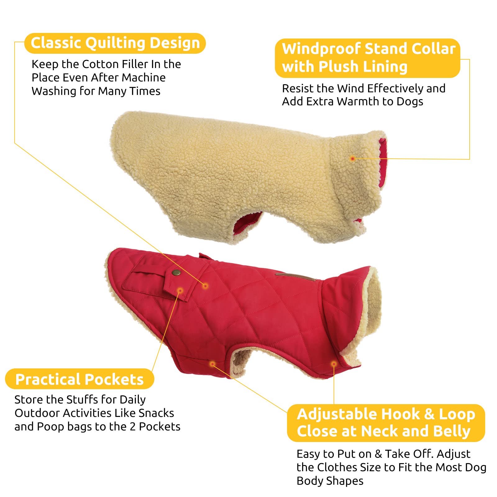 Queenmore Warm Dog Coat, Cold Weather Puffer Dog Coat, Quilting Winter Dog Jacket Ultra Thick Plush Lining With Storage Pockets (Red, X-Small)