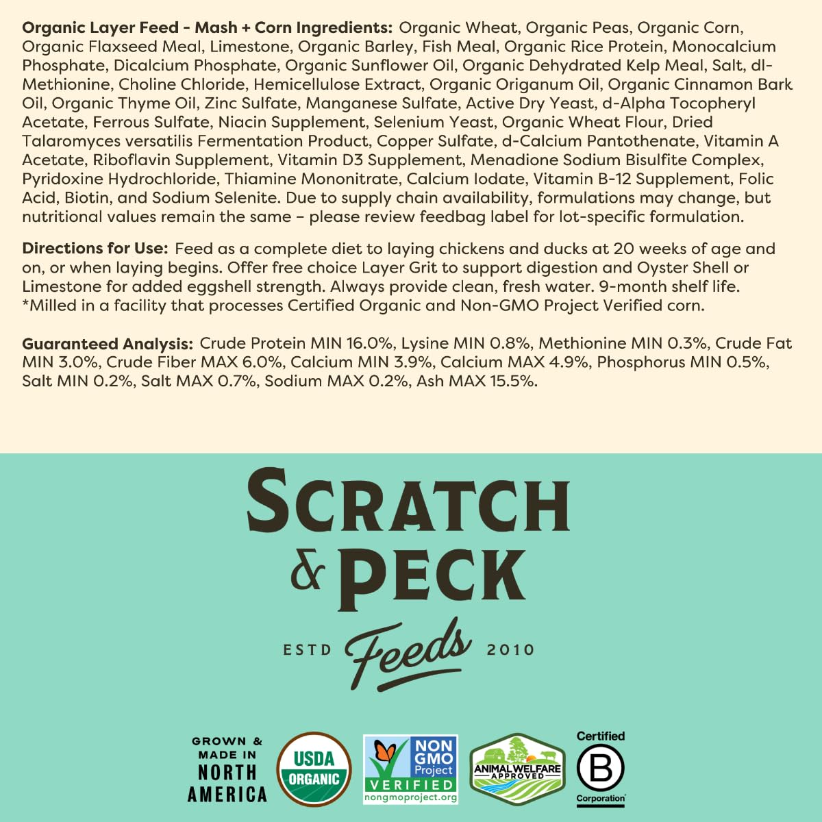 Scratch and Peck Feeds Organic Layer Chicken Feed with Corn for Chickens and Ducks - 25-lbs - Non-GMO Project Verified, Always S