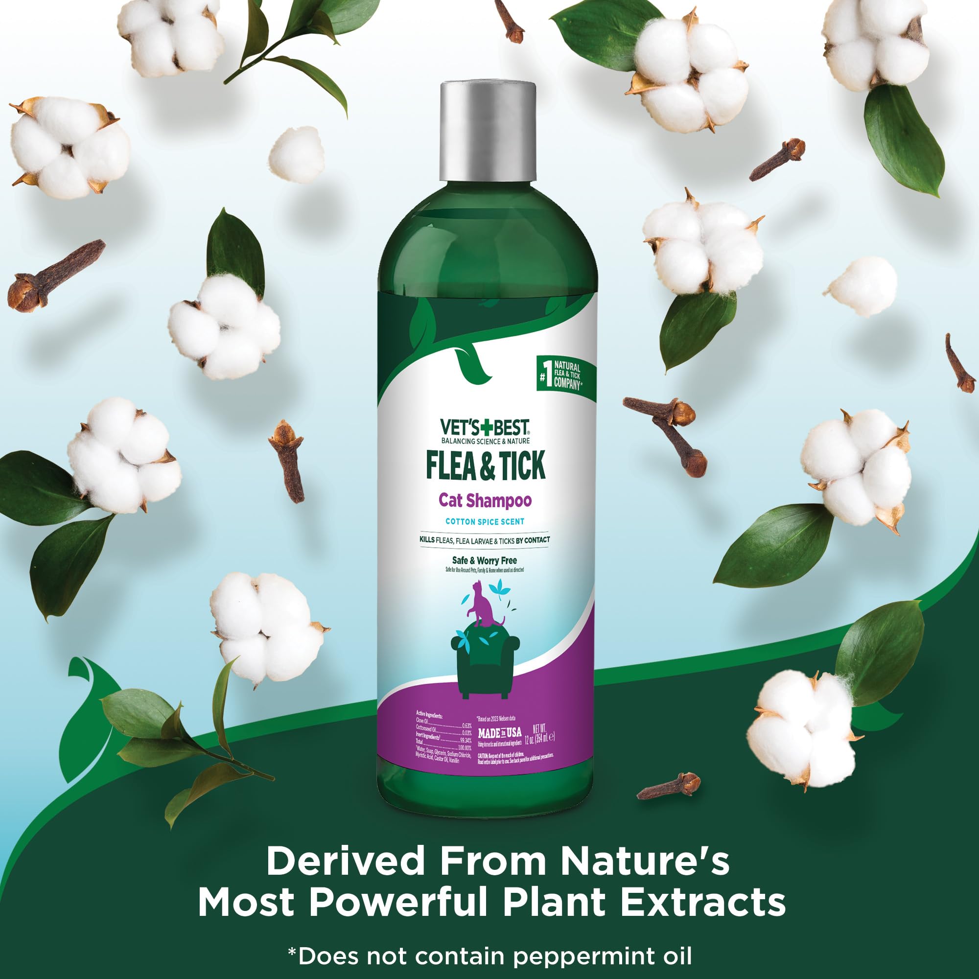 Vets Best Flea & Tick Shampoo for Cats - Premium Flea and Tick Treatment for Cats - Plant-Based Ingredients - Certified Natural