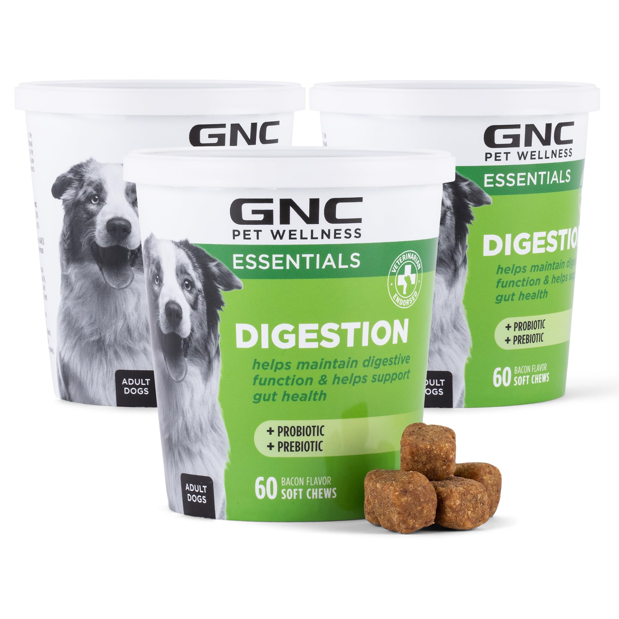 GNC Pets Essentials Digestion Supplements for All Dogs, 60ct - 3 Pack| Soft Chews Bacon Flavor 12oz Reusable Container | Daily S