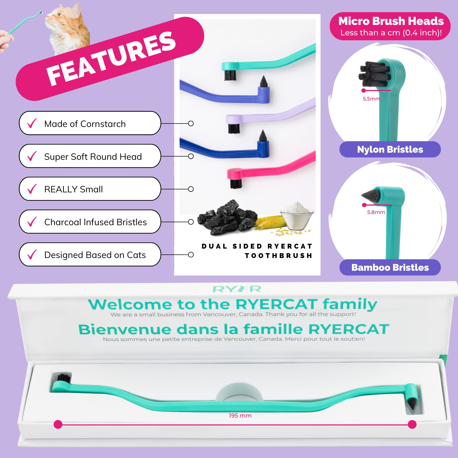 RYERCAT Ocean Dual Sided Cat Toothbrush - Only 8mm Wide to fit into Cats Mouth - Cat Dental Supplies