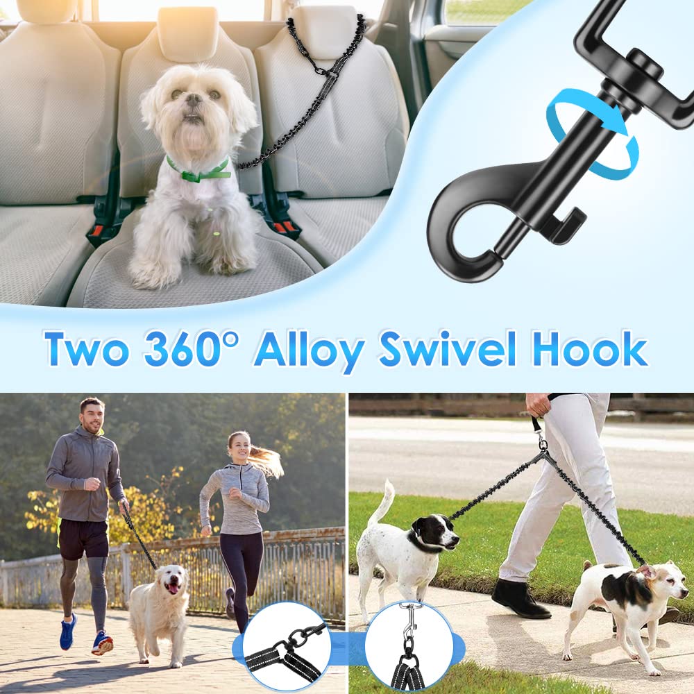 Autowt Double Dog Leash, No Tangle 360 Swivel Rotation Reflective Lead Attachment Bungee Extension Length Dual Two Dog Lead Spli