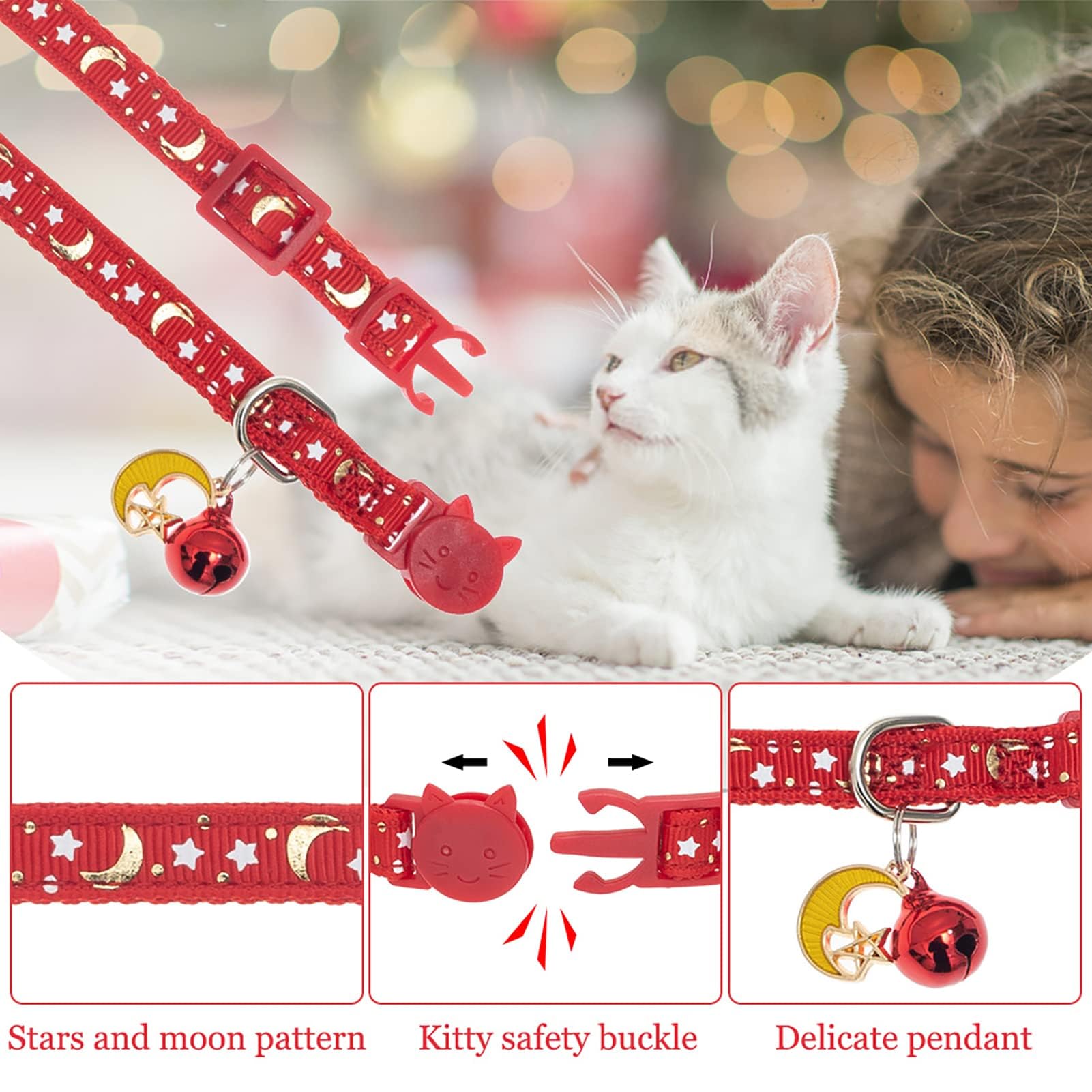 Kooltail Cat Collar Breakaway With Bells - 6 Pack Glow In The Dark - Stars & Moon Charm Pendent Pet Reflective Collars Ideal For Kitten Cats Puppy