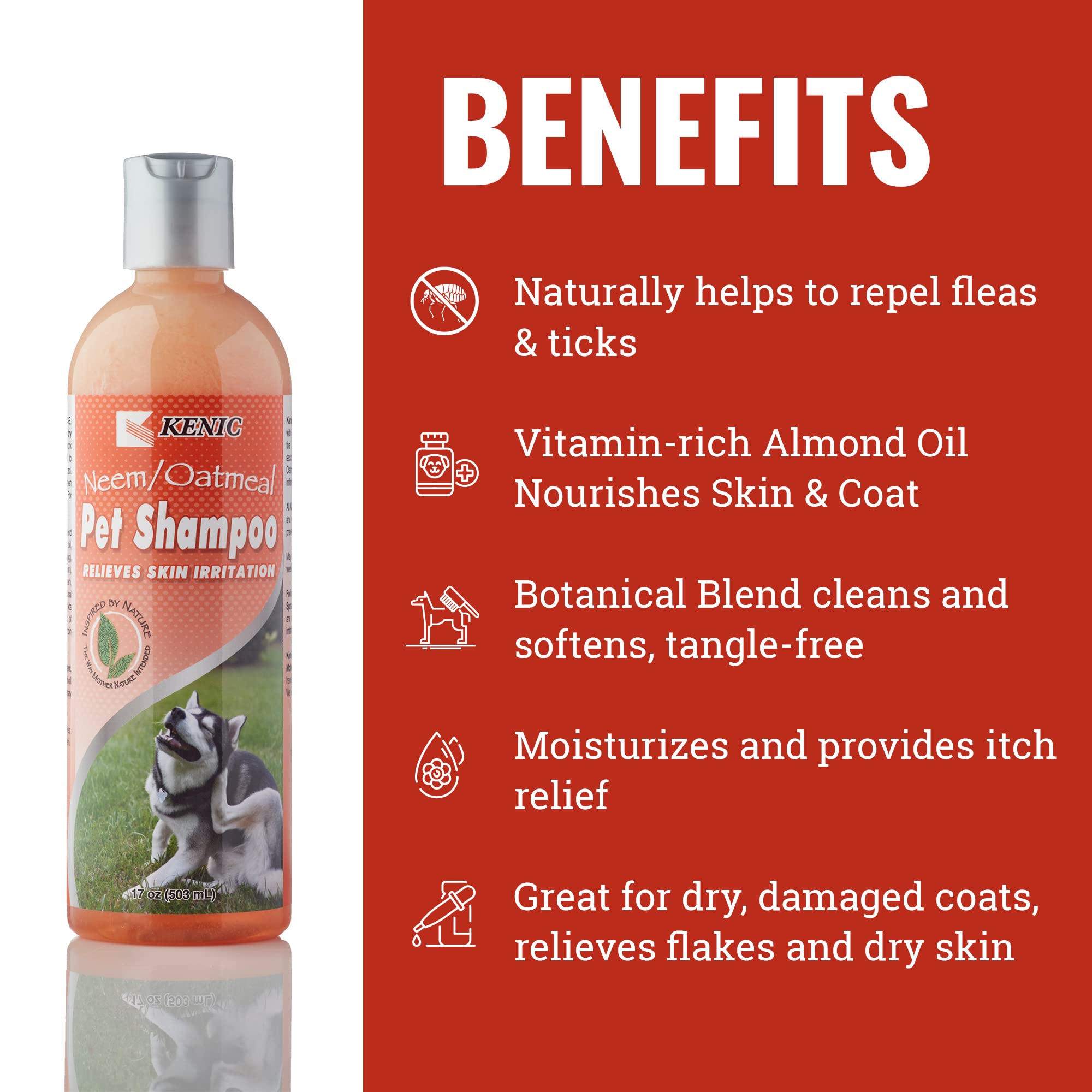 Kenic Neem & Oatmeal Dog Shampoo Treatment - Anti-Itch, Soap & Paraben Free, pH Balanced, 16 oz, Liquid, Made in USA