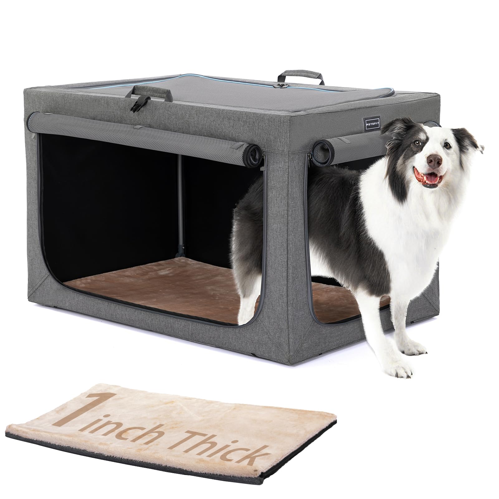 Petsfit Dog Crates For Large Dogs, Adjustable Design Soft Kennel With Chew Proof Mesh Windows & Thicken Mat, Ideal For Indoor & Outdoor Travel Grey