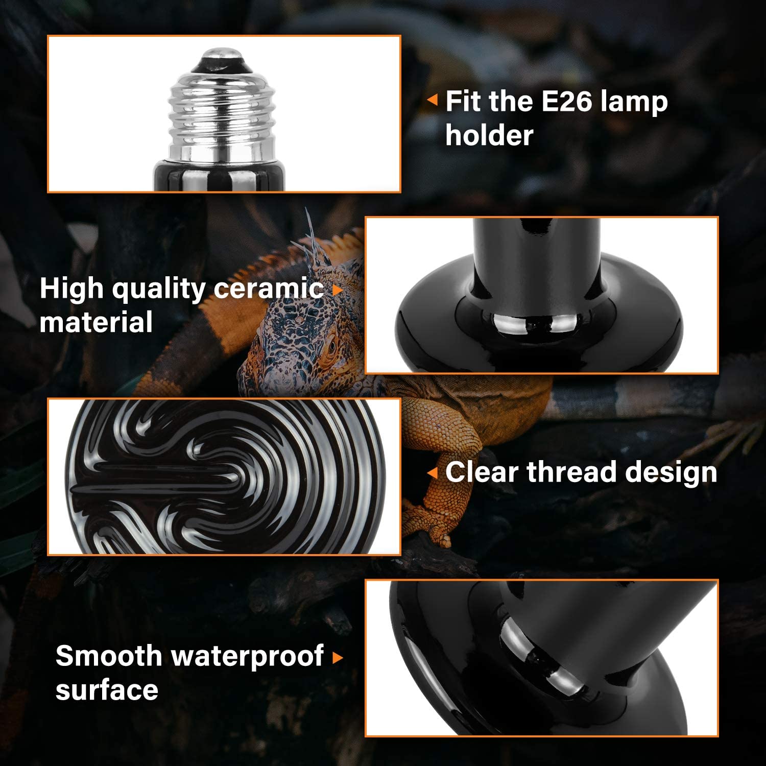 Simple Deluxe 50W Ceramic Heat Lamp, Reptile Heat Bulb Emitter, No Light Emitting Brooder Coop Heater for Amphibian Pet & Incuba