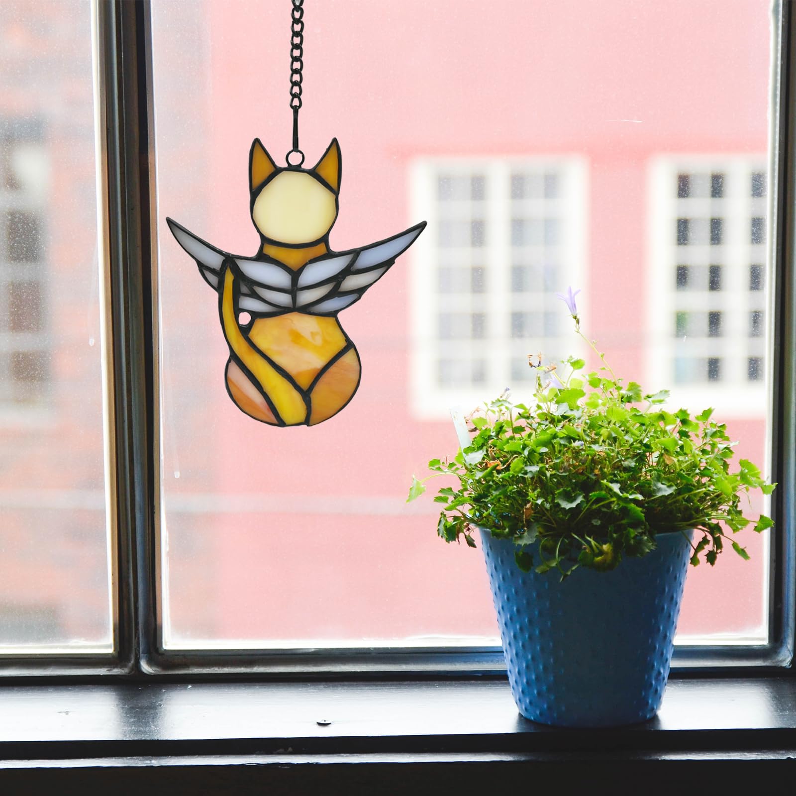 Fluffycaptain Handcrafted Stained Glass Orange Angel Cat Suncatcher - Pet Memorial Gift With Colorful Wings, Cat Lovers Sympathy