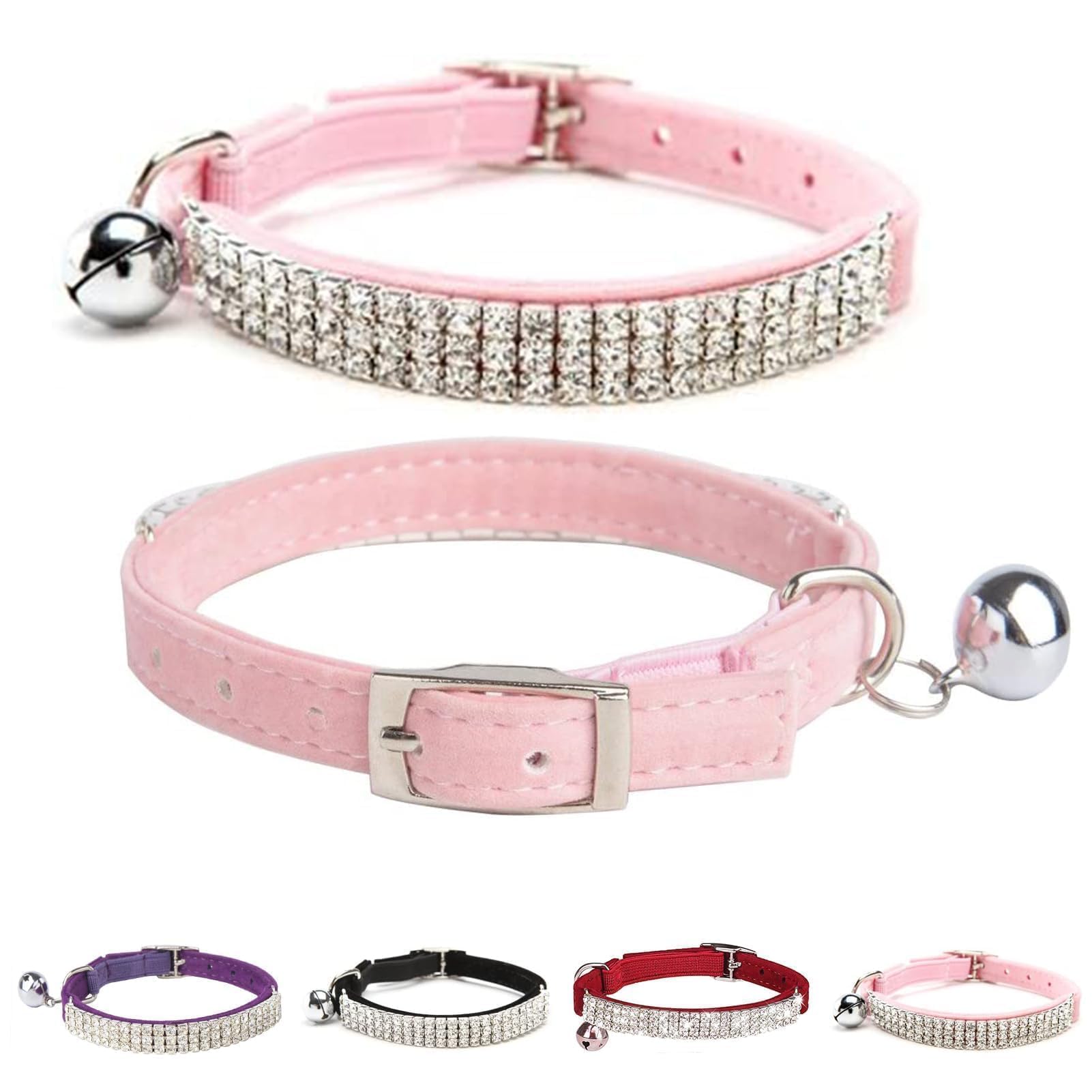 BINGPET Diamond Cat Collar,Adjustable Soft Velvet Leather Safe Kitten Collar with Shiny Rhinestones and Bells,Girl Boy Bling Sty