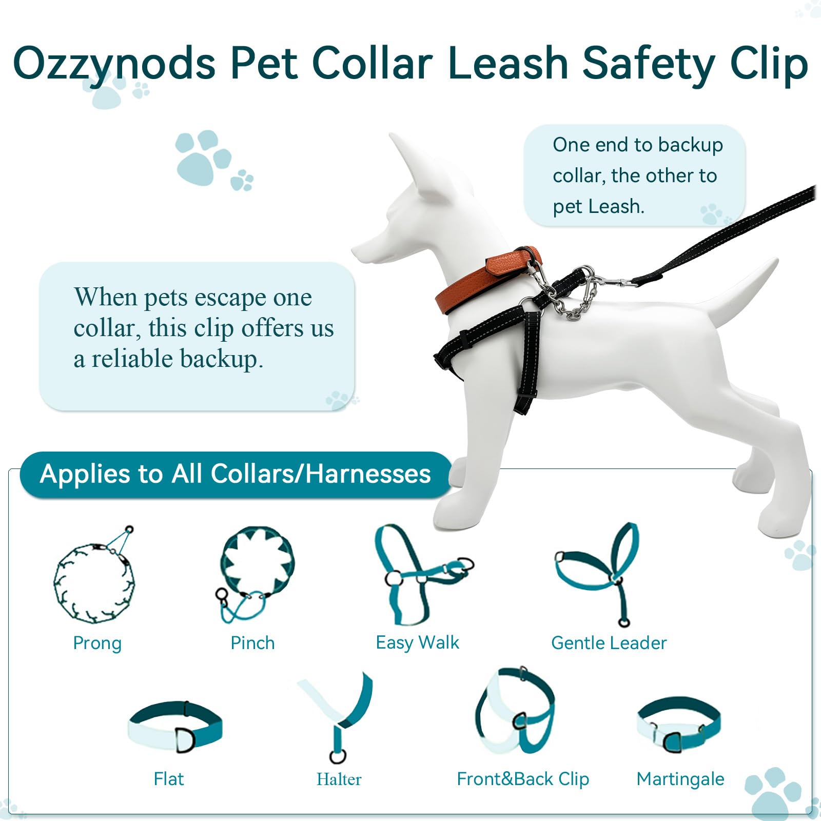 Ozzynods Dog Collar Safety Clip, Chew Proof Prong Collar Double Ended Backup Clasp Stainless Steel, Heavy Duty Dog Chain Leash C