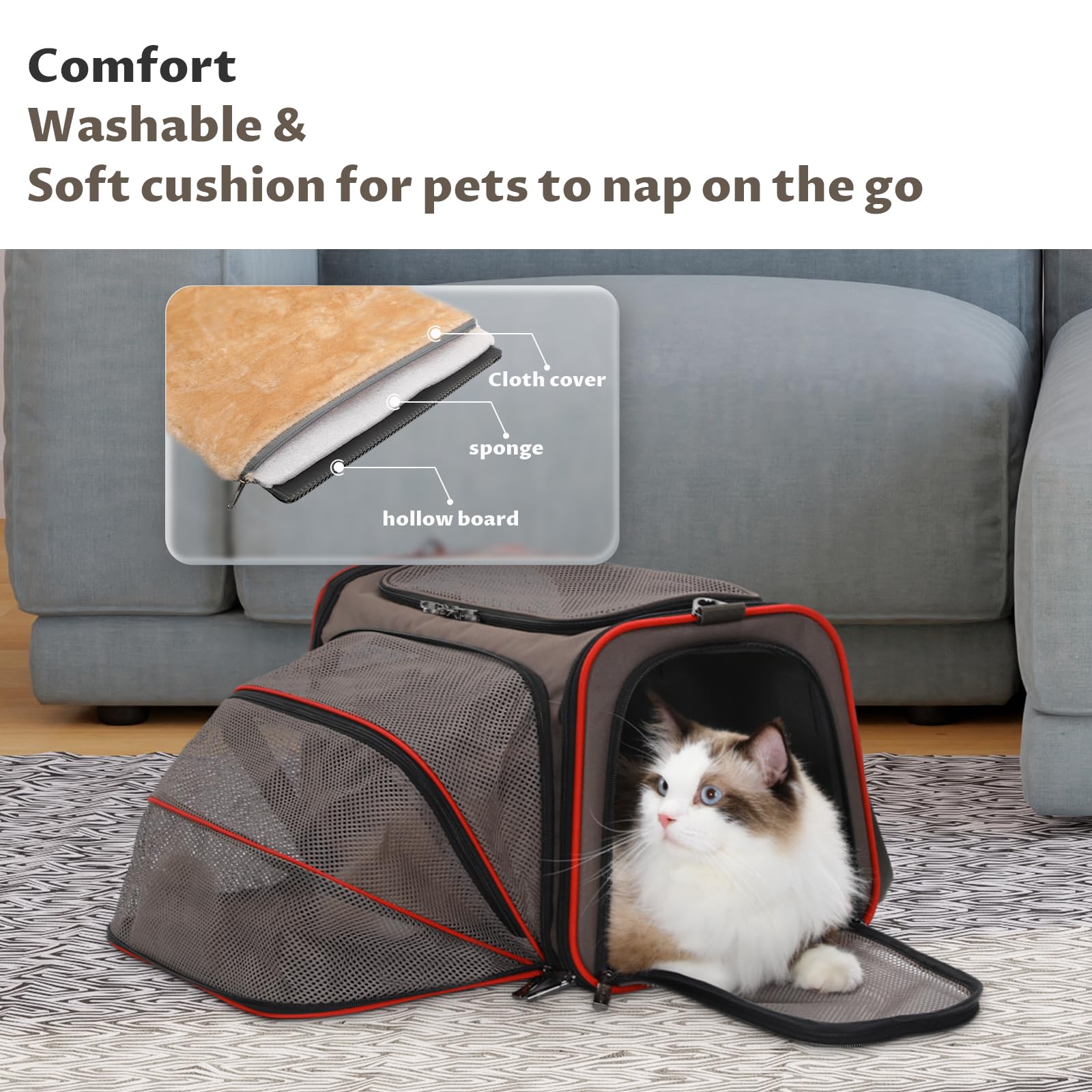 Petsfit Expandable Cat Carrier Dog Carriers,Airline Approved Soft-Sided Portable Pet Travel Washable Carrier For Kittens,Puppies,Removable Soft Plush Mat And Pockets,Locking Safety Zippers