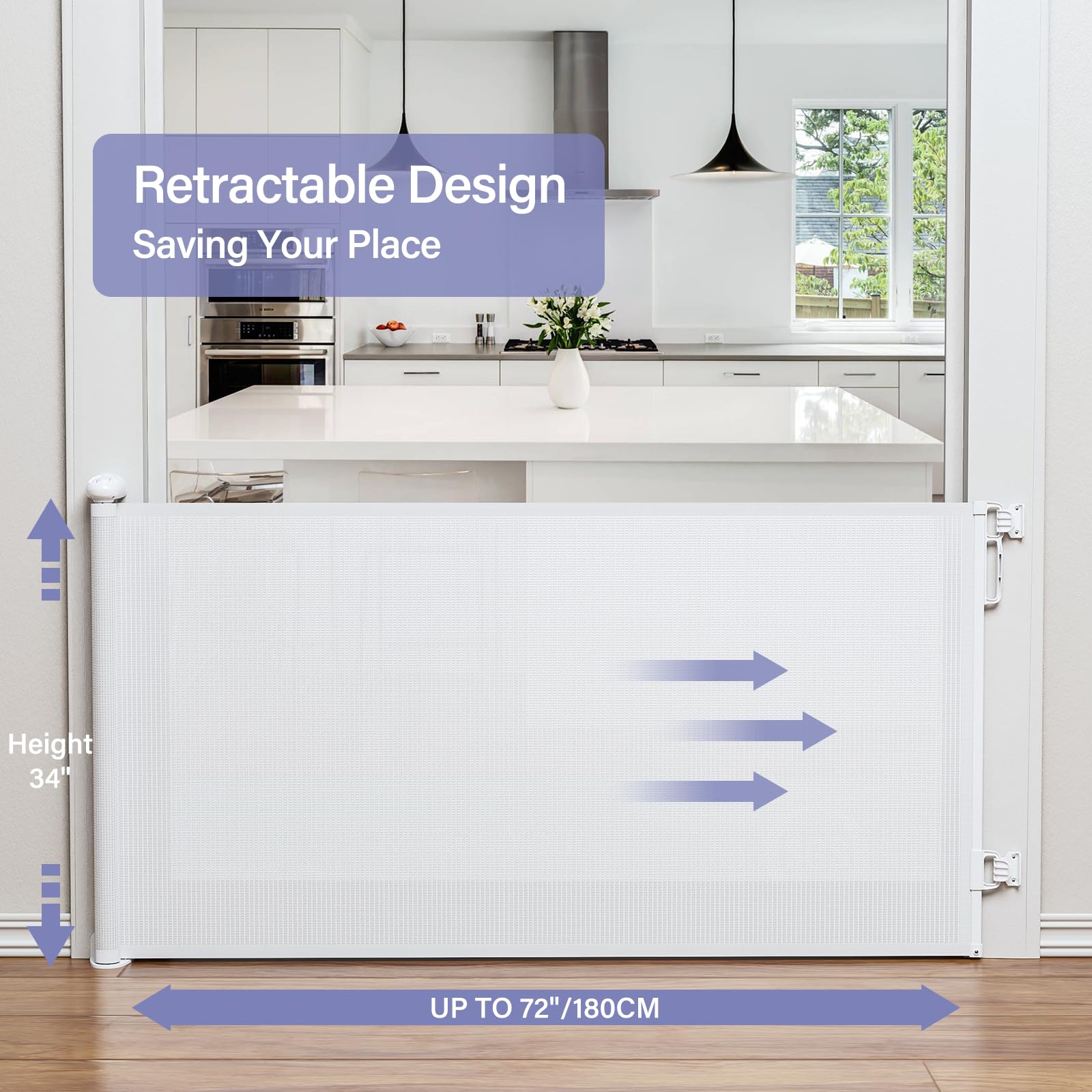 Retractable Baby Gates Extra Wide, Probebi Retractable Dog Gate For The House Extends To 72' Wide 34' Tall, Gates For Baby Indoor, Stair Gate For Outdoor, Staris, Hallways, Doorways, Deck, Porch