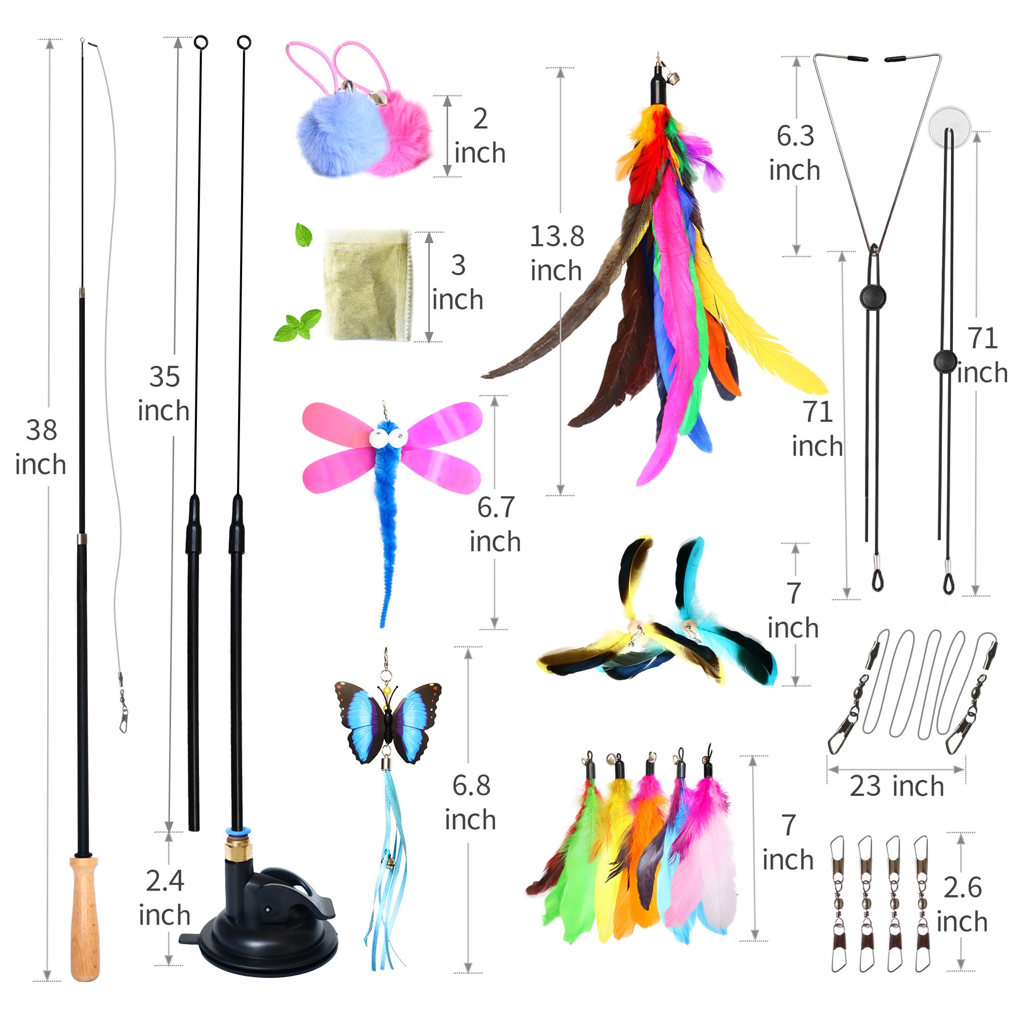 Fokauiwo 4-in-1 Interactive Cat Toys Set with 12 Pcs Replacements for Indoor Cats (Includes 1 Huge Feather)- Cat Fishing Pole To