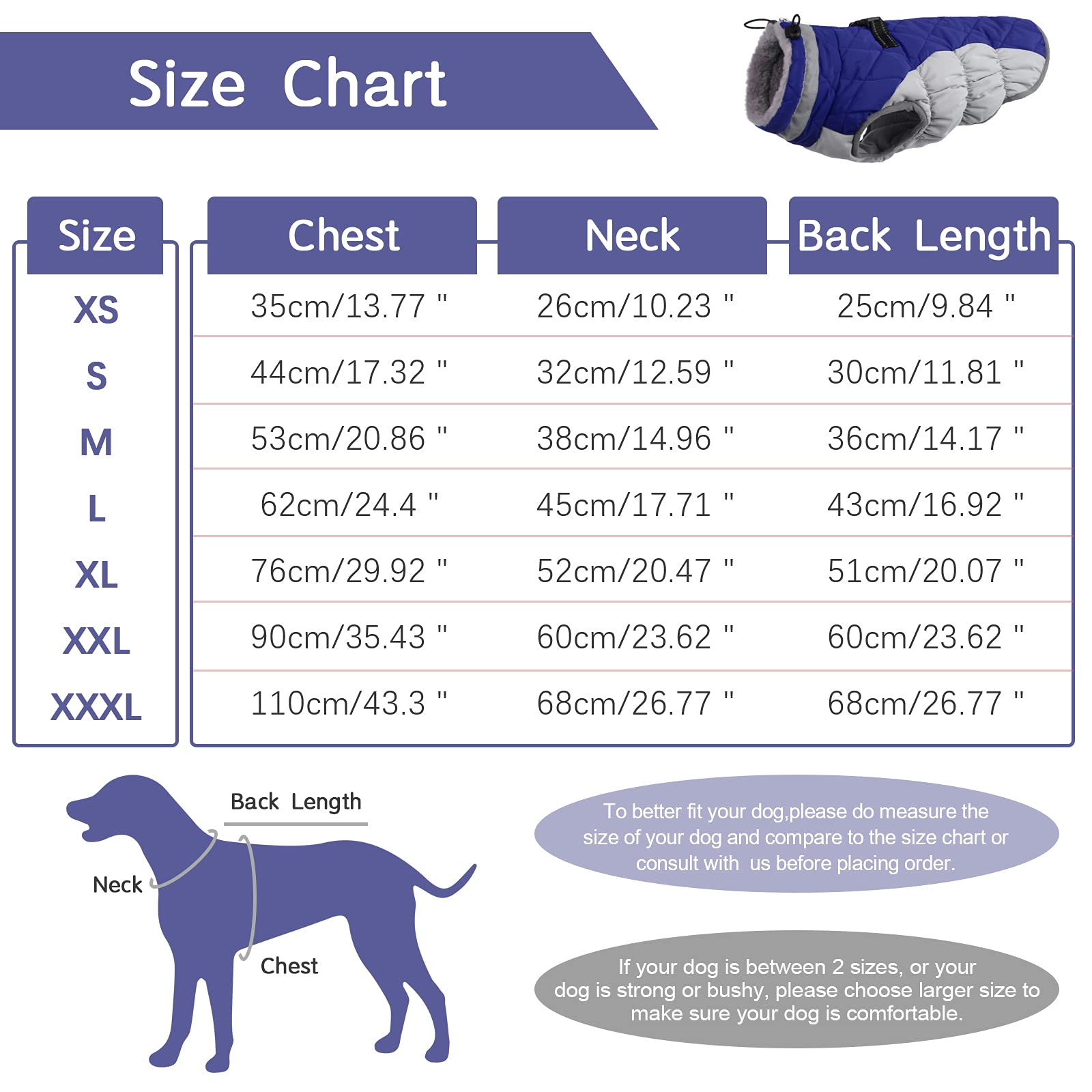 Fuamey Dog Coat,Warm Dog Jacket Winter Coat Paded Dog Fleece Vest Reflective Dog Cold Weather Coats With Built In Harness Waterproof Windproof Dog Snow Jacket Clothes With Zipper Blue Xxx-Large