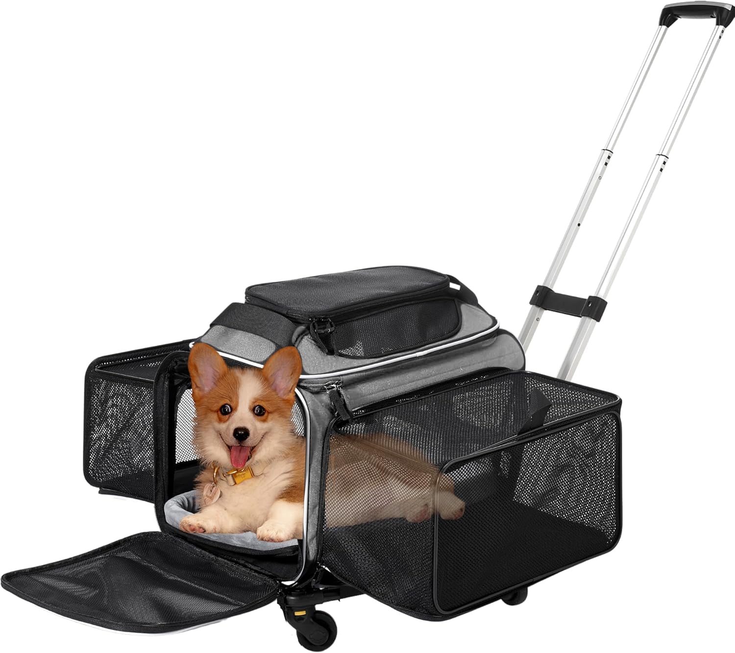 Cozy Cruiser Airline Approved Top-Expanding Pet Carrier on Wheels- Extra Spacious Soft Lined Carrier! 18x11x11 (Grey, Expanding 
