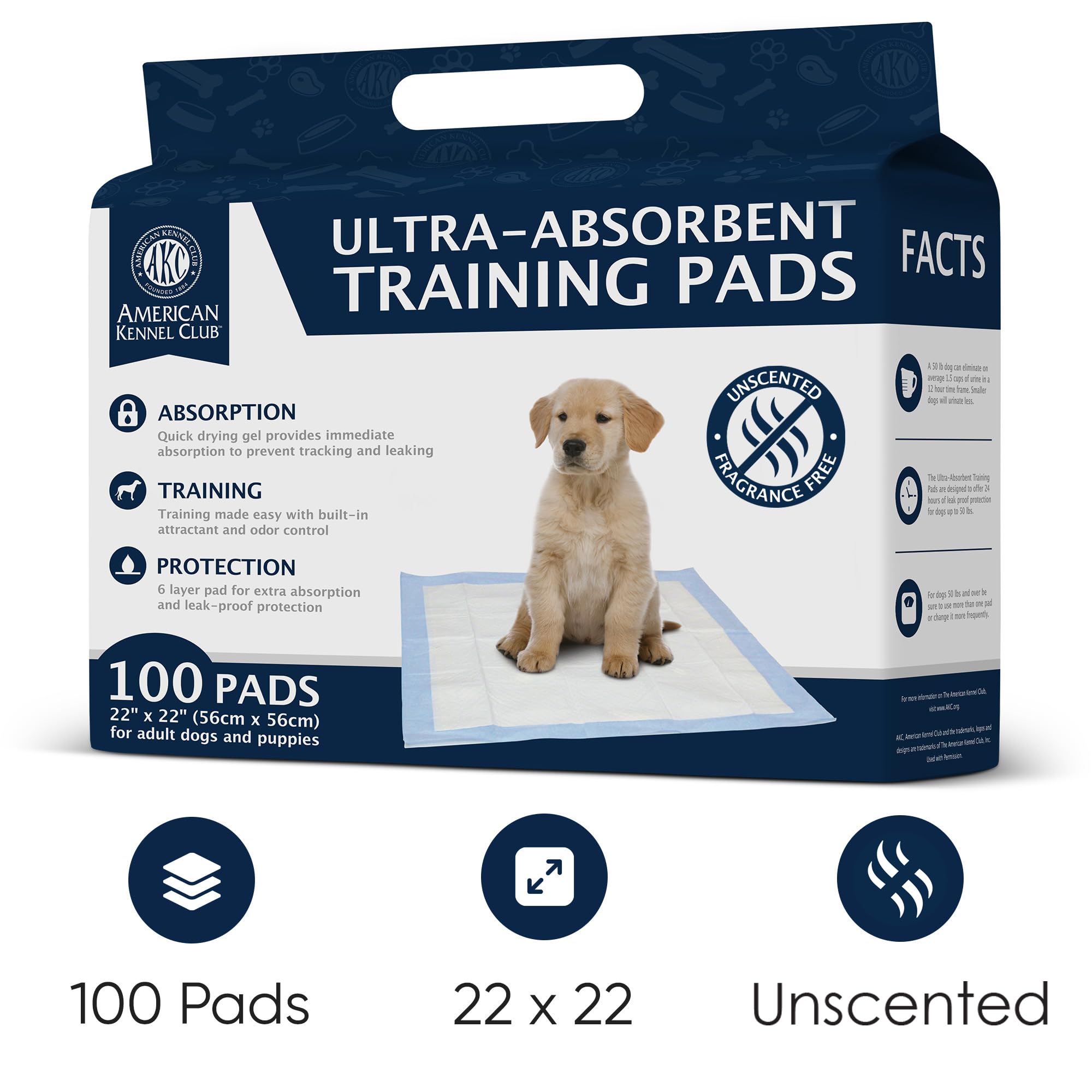 American Kennel Club Puppy Training Pads with Ultra Absorbent Quick Dry Gel - 22 x 22 Pee Pads for Dogs - 100 Count (Unscented)