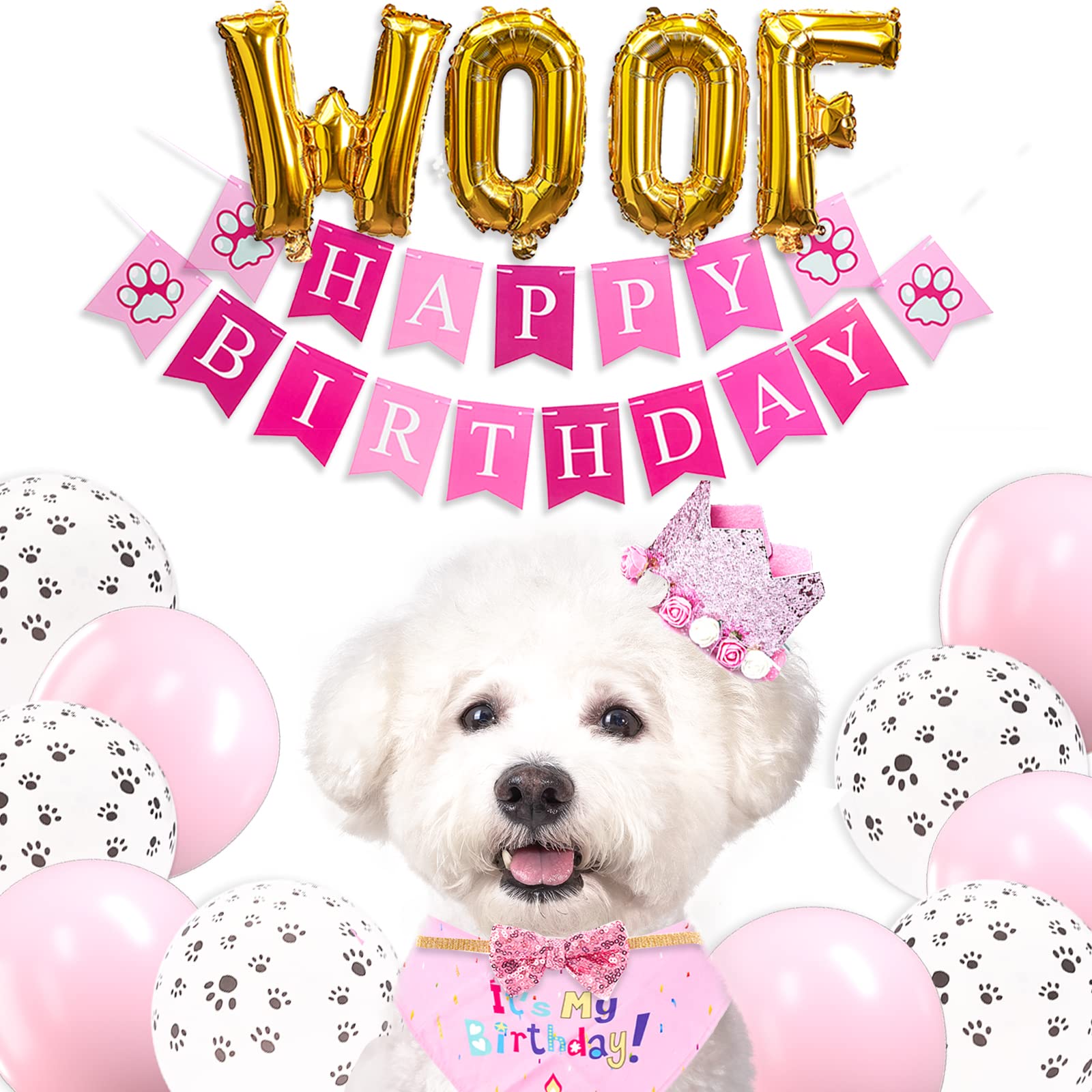 Partywoo Dog Birthday Party Supplies, Dog Birthday Bandana, Birthday Hat, Birthday Banner, Dog Balloons, 15 Pcs Pink Dog Party Decorations, Party Supplies, Dog Birthday For Small Medium Dogs Pet