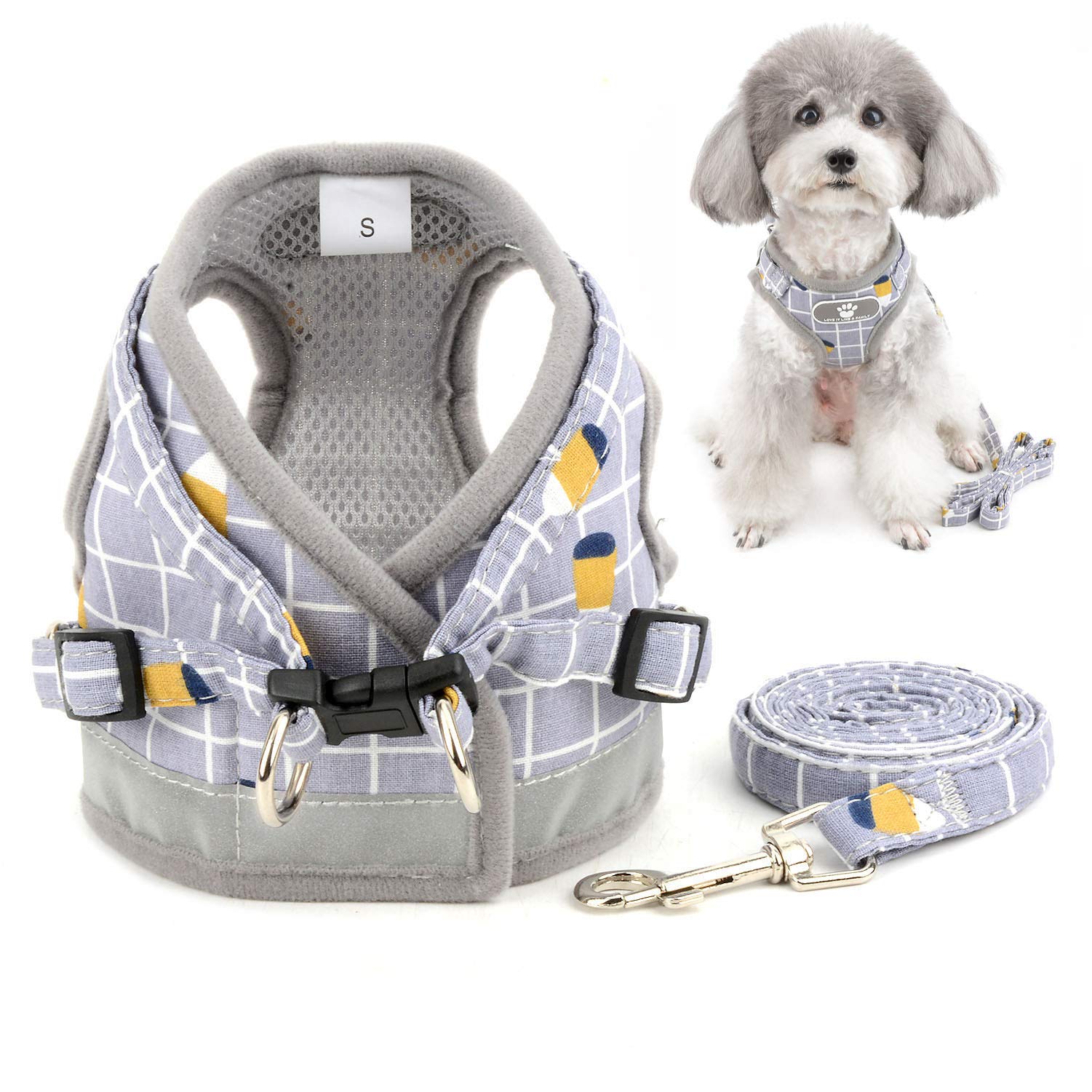 Zunea No Pull Small Dog Harness And Leash Set Adjustable Reflective Step-In Chihuahua Vest Harnesses Mesh Padded Plaid Escape Proof Walking Puppy Jacket For Boy Girl Pet Dogs Cats Gray Xl
