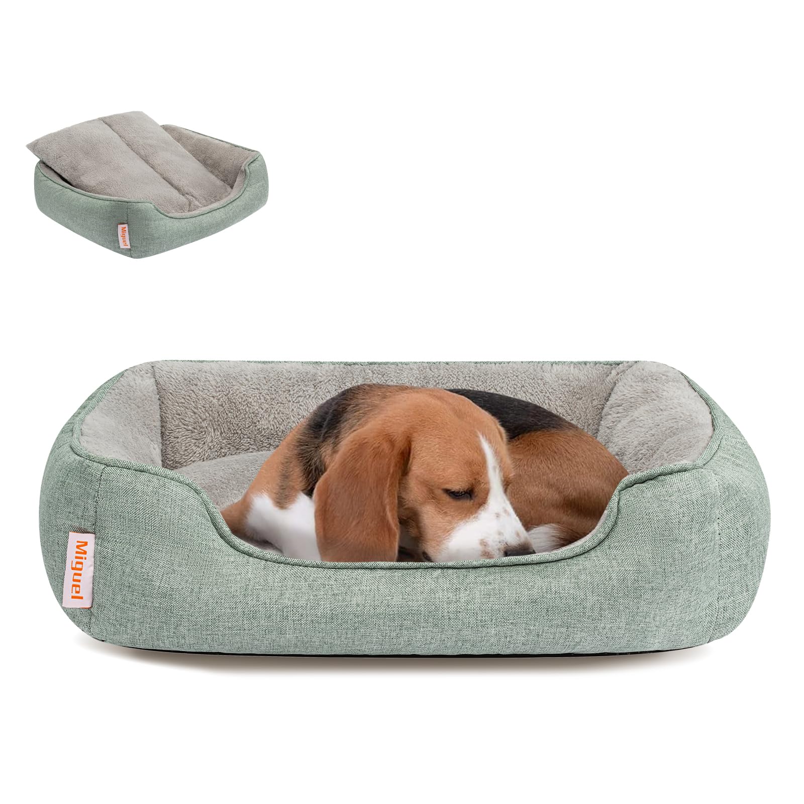 Miguel Faux Linen Dog Bed with Removable Cushion Pillow for Medium Small Dogs, Washable Pet Bed with Side Easy to Wash Puppy Bed